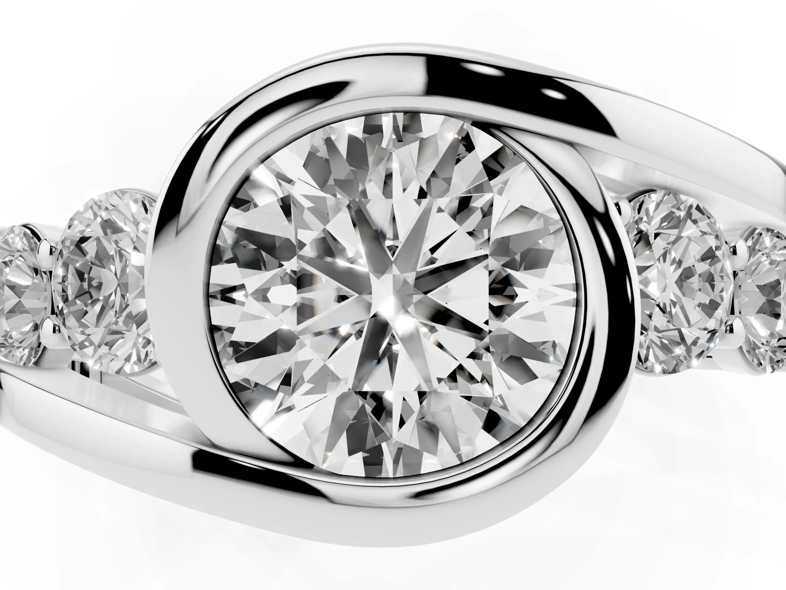 Bezel Set Round Cut Diamond Bypass Ring with Round Accents White gold