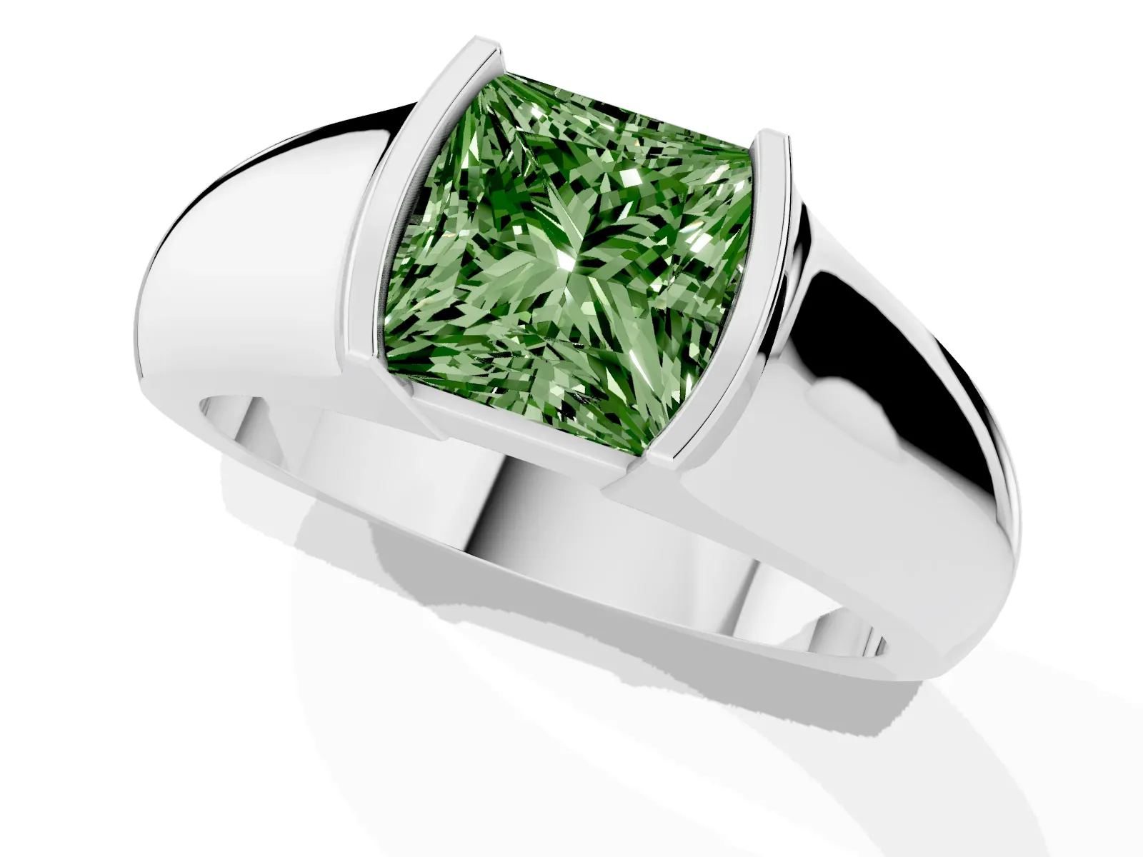 Fancy Green Princess Cut Solitaire Bezel Set Diamond Ring with Wide Band White gold