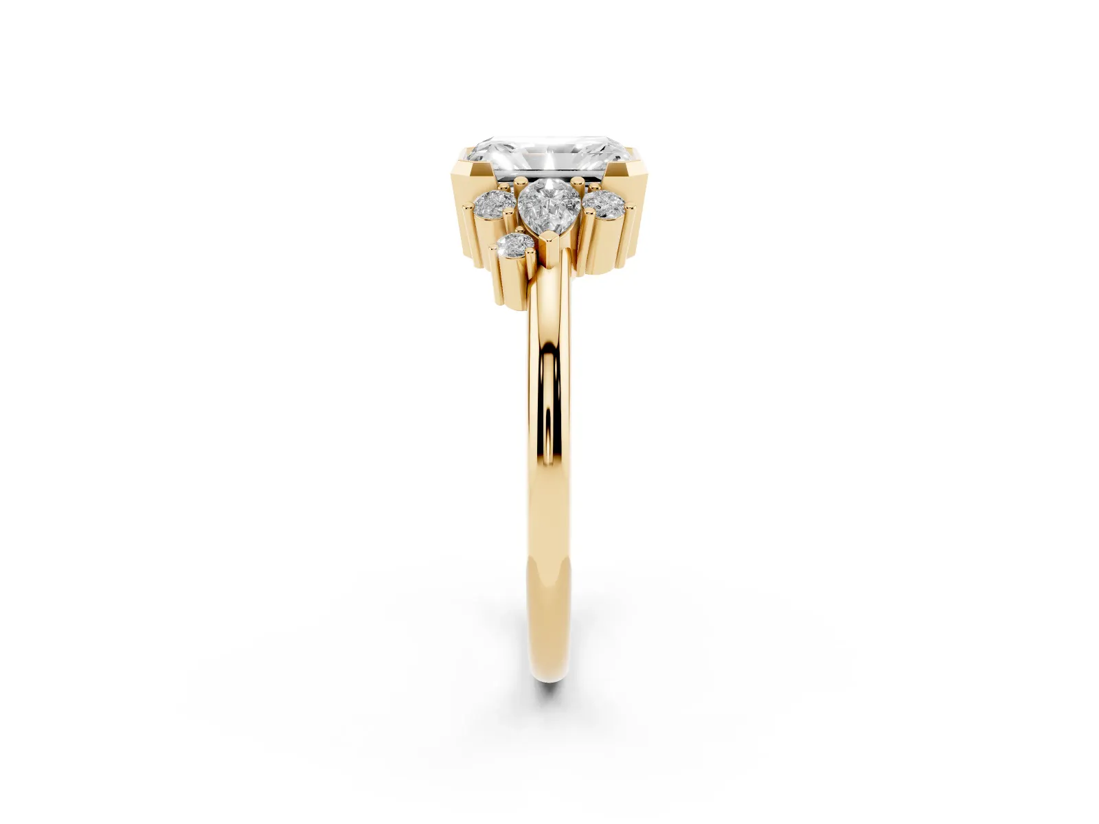 Radiant Diamond Engagement Ring with Pear and Round Side Stones Yellow gold