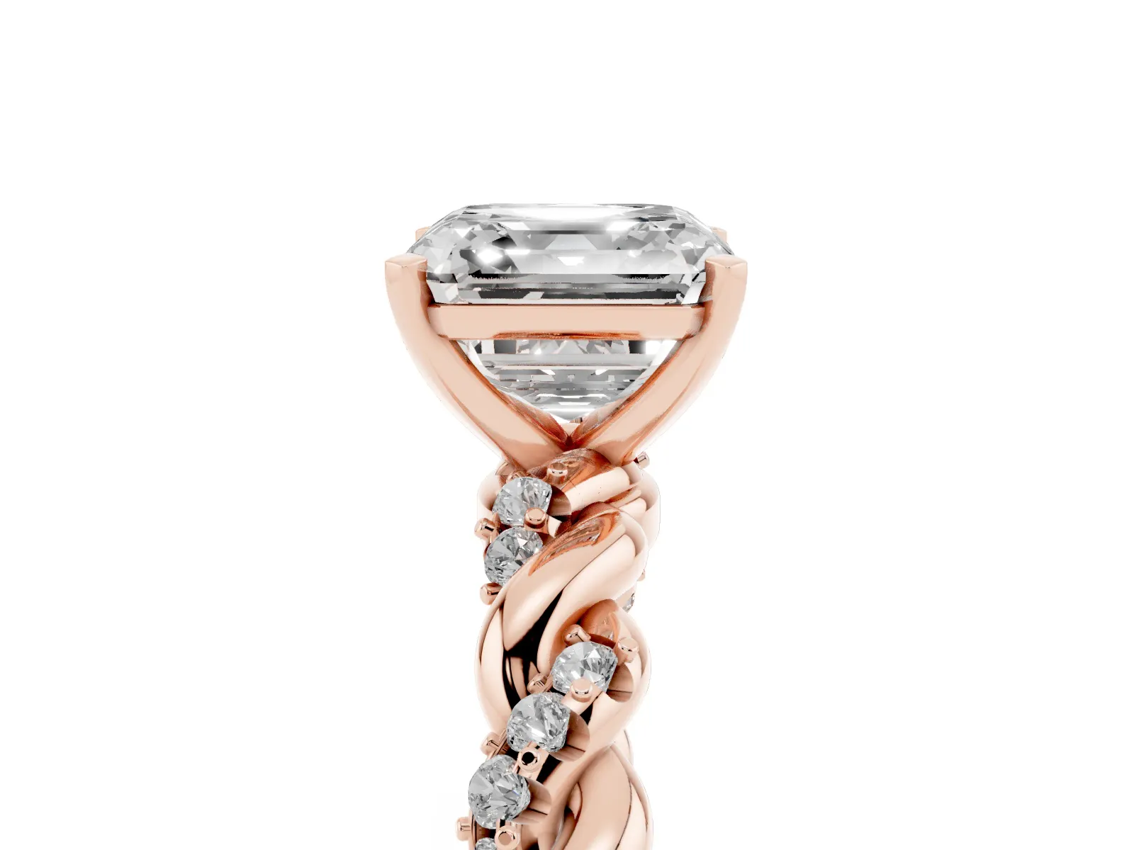 Asscher Cut Diamond Solitaire Ring with Twisted Band and Pavé Accents Rose gold