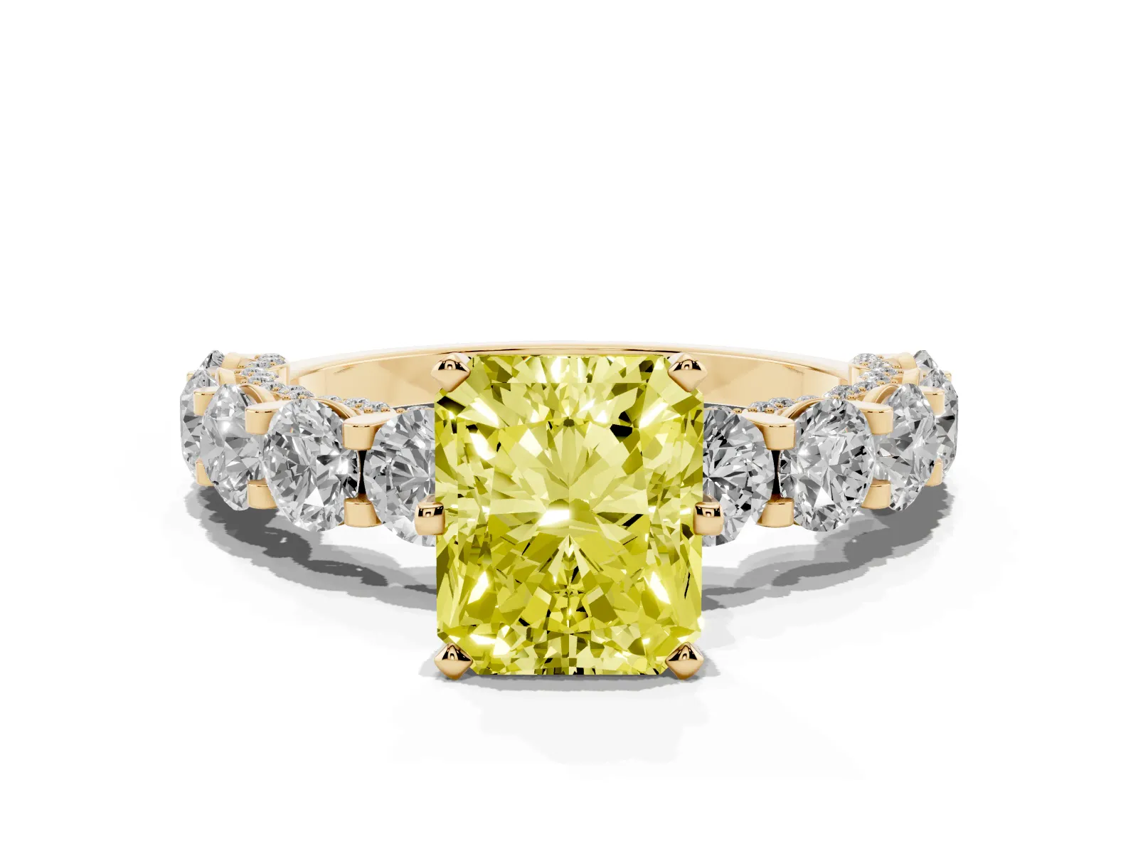 Fancy Yellow Radiant Cut Diamond Side Stone Engagement Ring with Four-Prong Setting Yellow gold