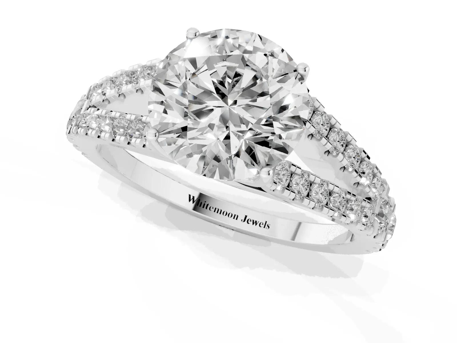 Round Cut Diamond Split Shank Engagement Ring with Round Pavé and Prong Setting White gold