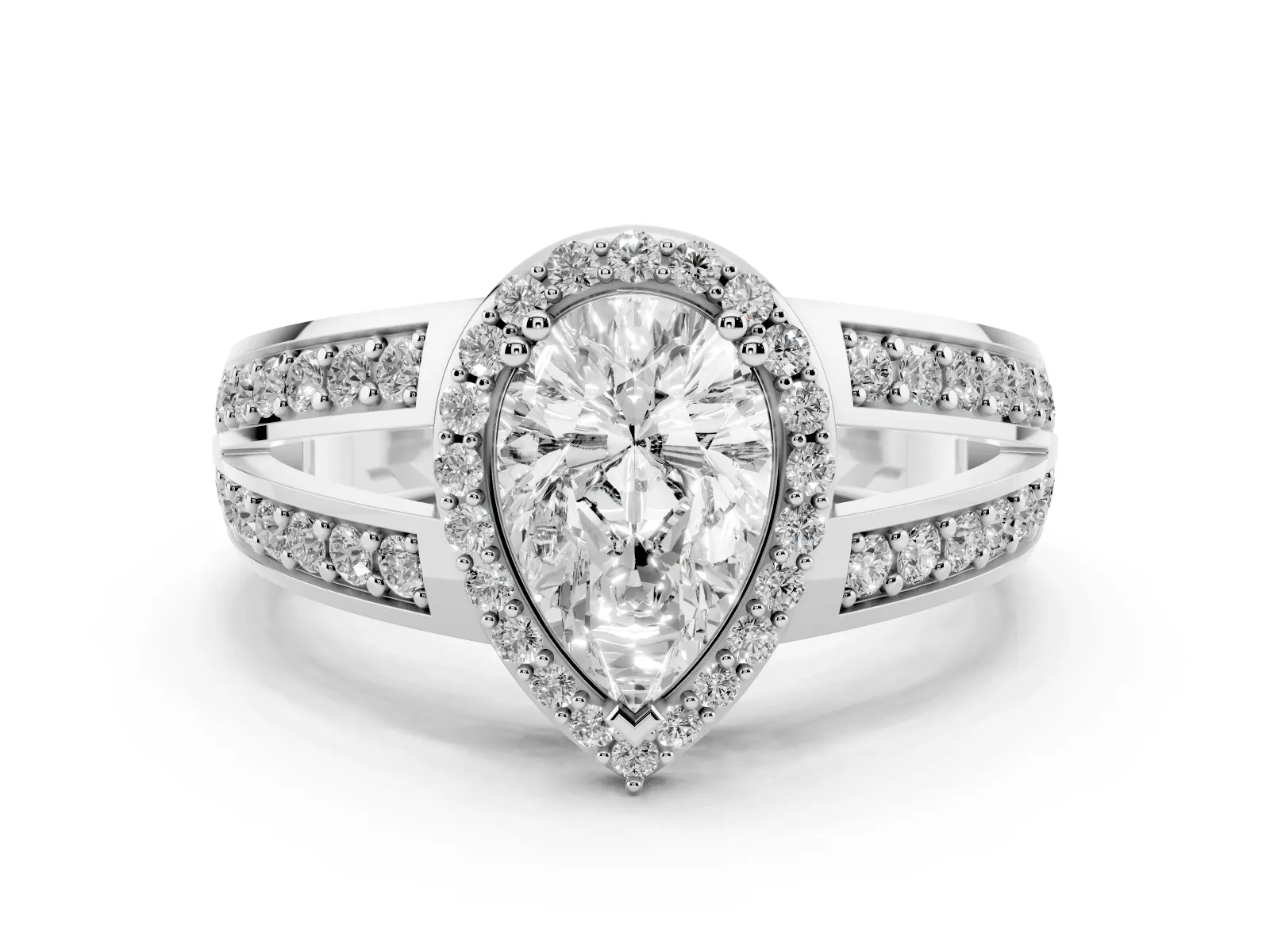 Pear Cut Diamond Halo Ring with Split Shank Pavé Band and Four-Prong Setting Platinum