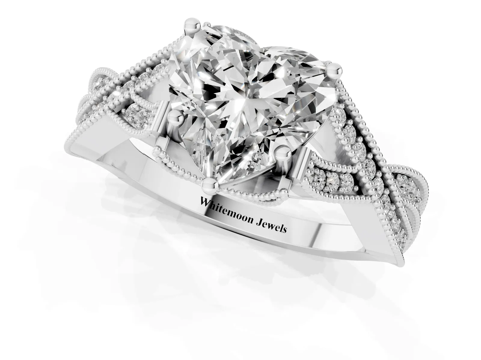 Heart Cut Cut Diamond Twisted Band with Milgrain Pave Setting and Four-Prong Setting Platinum