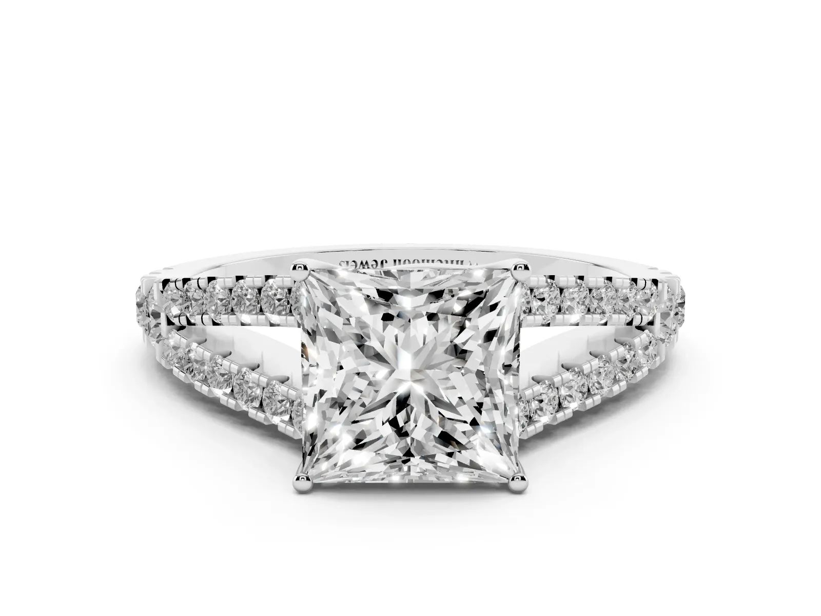 Princess Cut Diamond Split Shank Engagement Ring with Round Pavé and Prong Setting White gold