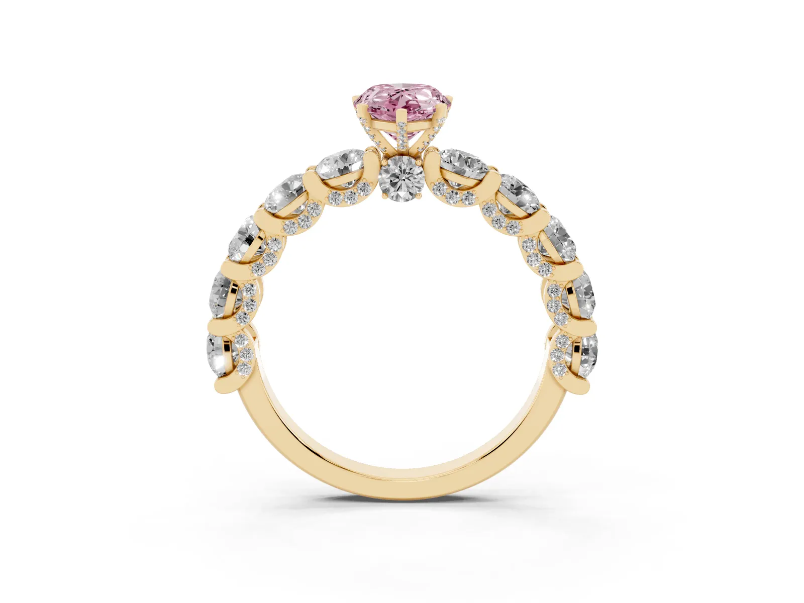 Fancy Pink Pear Cut Diamond Side Stone Engagement Ring with Four-Prong Setting Yellow gold