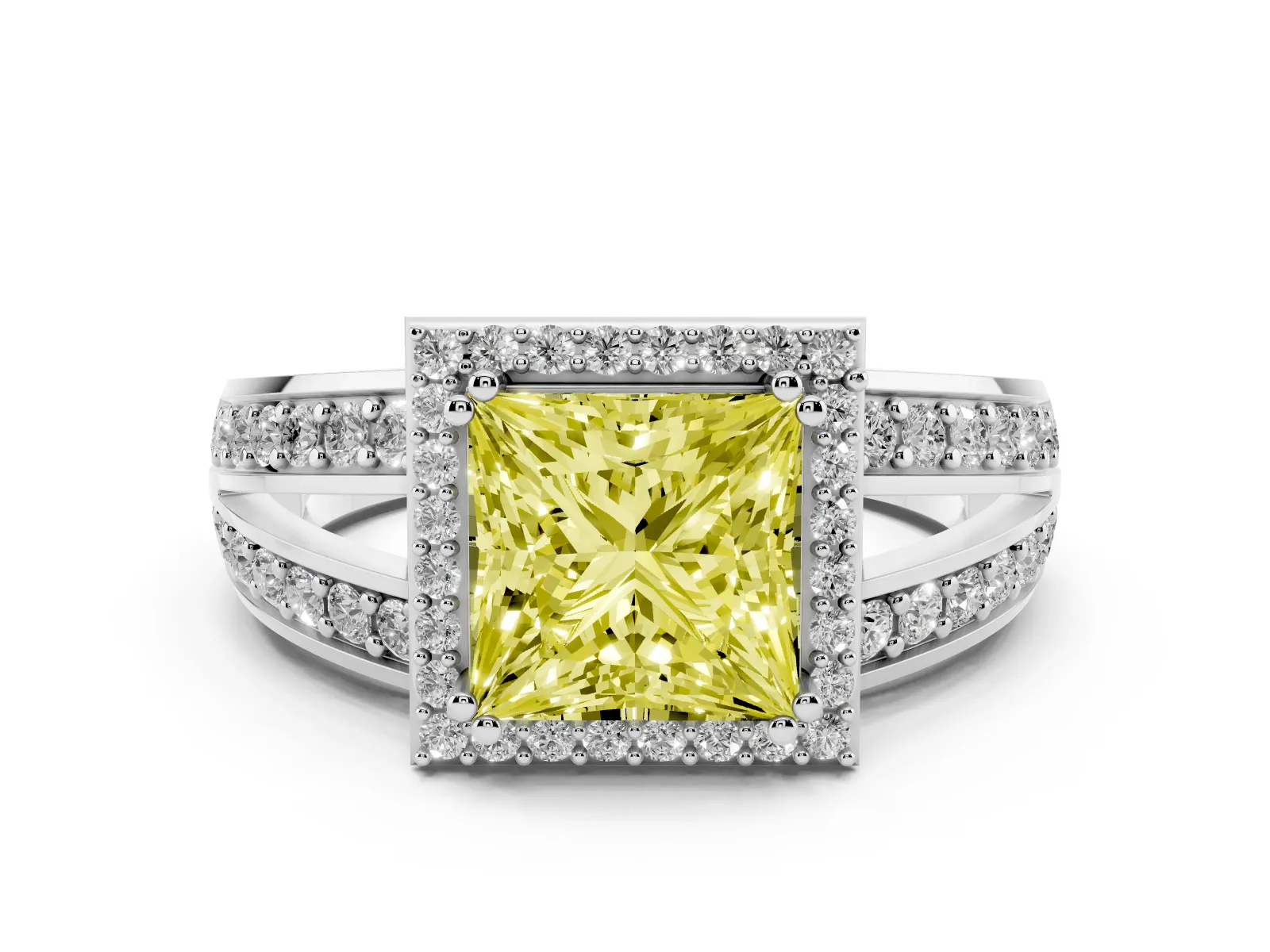 Fancy Yellow Princess Cut Diamond Halo Ring with Split Shank Pavé Band and Four-Prong Setting Platinum