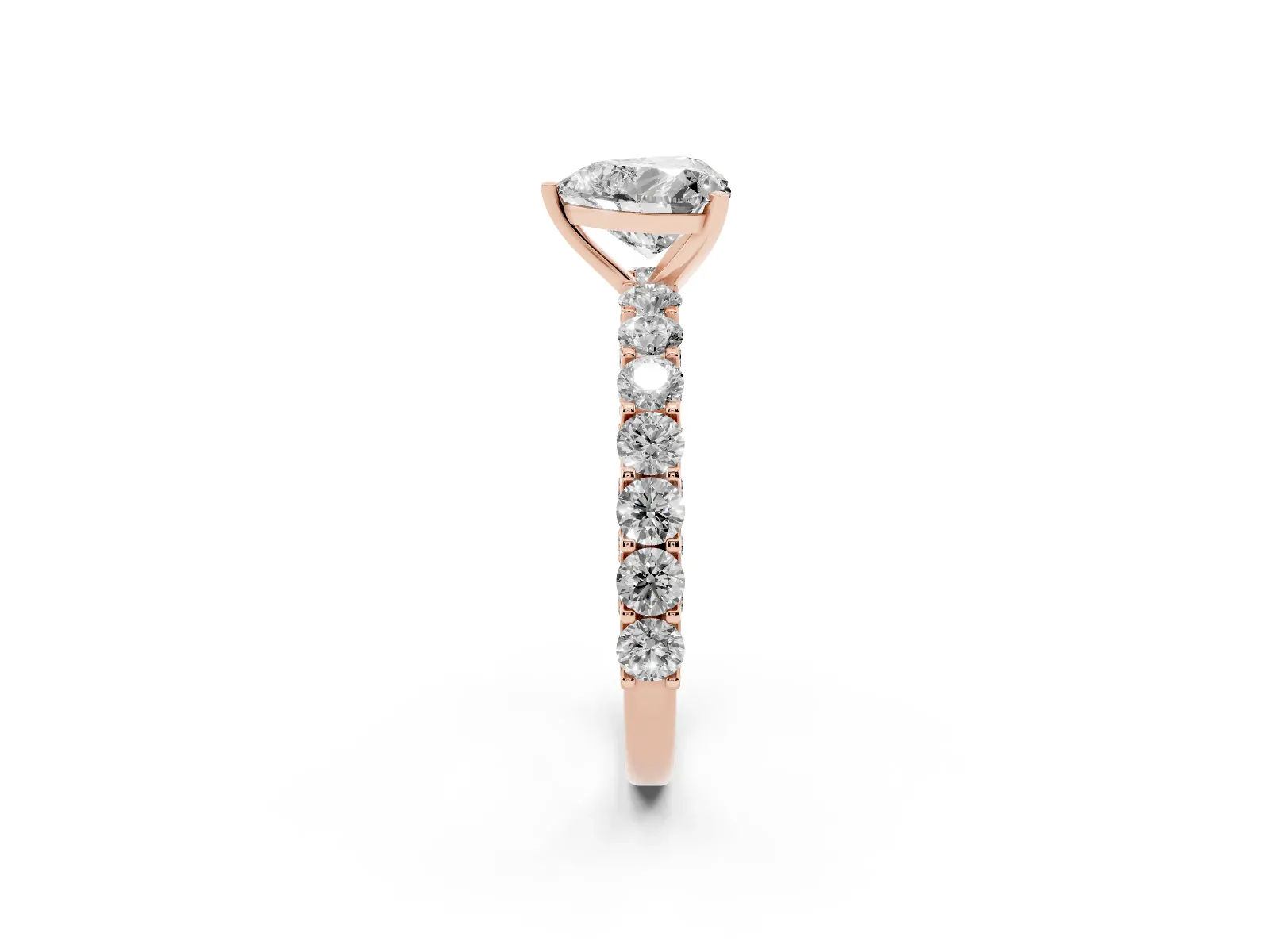 Heart Cut Diamond Solitaire Ring with Shared Prong Pavé Band and Four-Prong Setting Rose gold