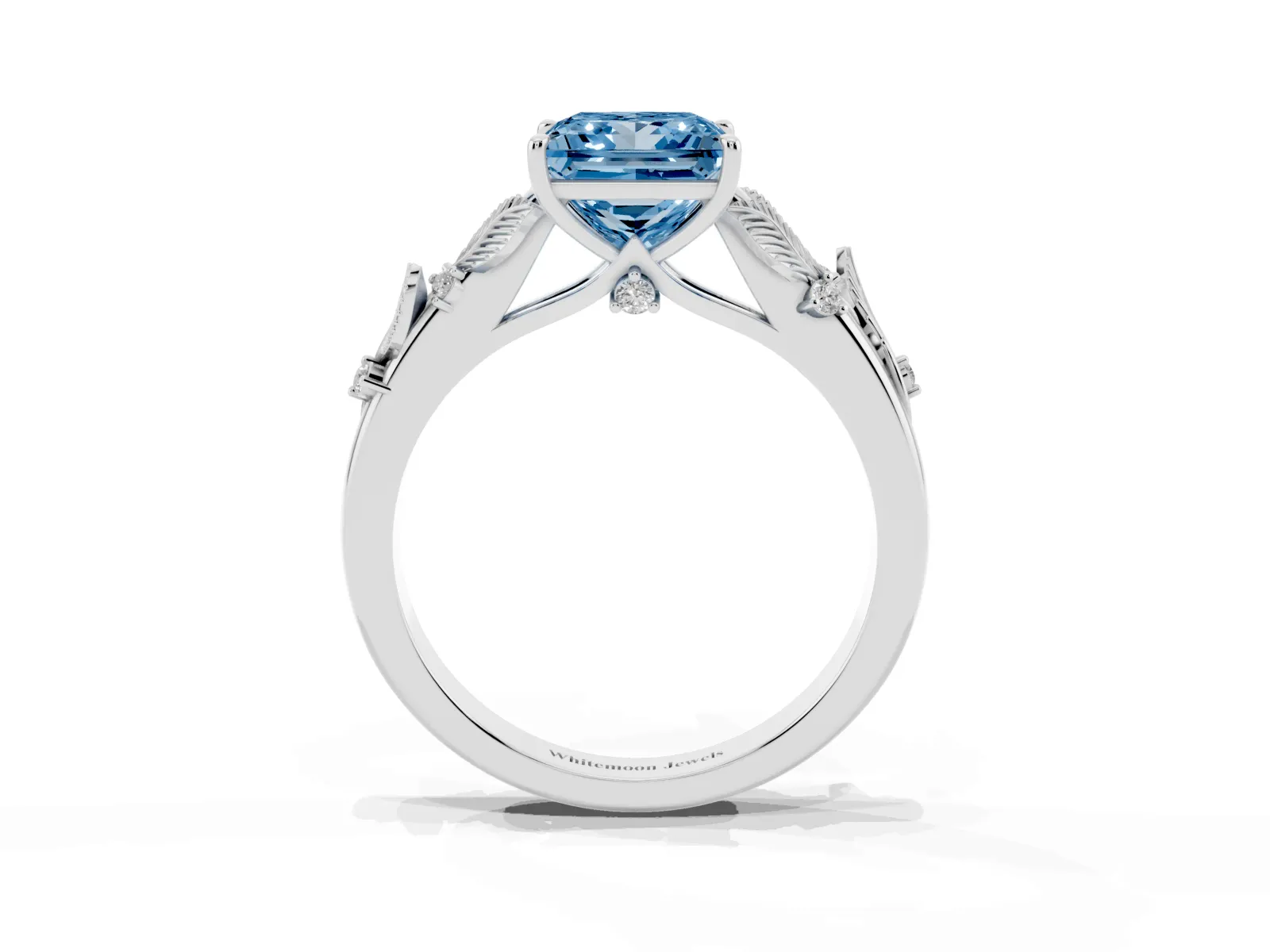Fancy Blue Princess Cut Diamond Solitaire Ring with Leaf Motif Band and Four-Prong Setting Platinum