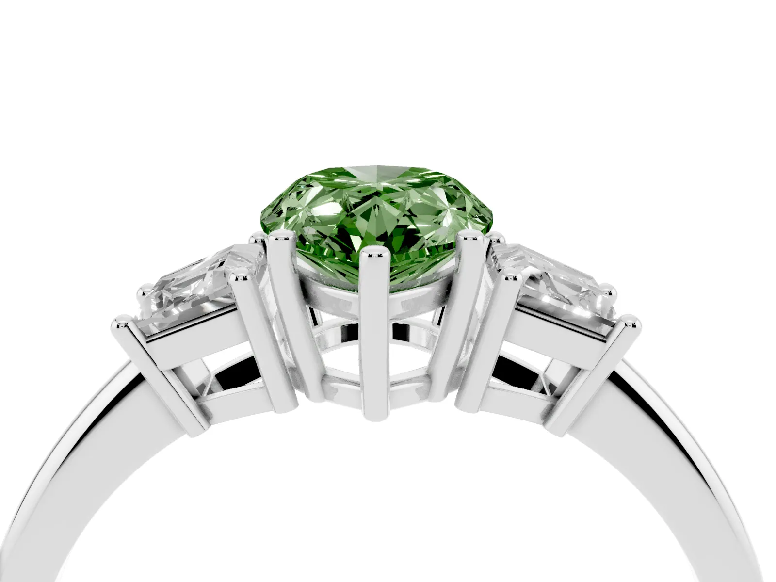 Fancy Green Pear Cut Diamond Three-Stone Ring with Trapezoid Side Stones and Prong Setting Platinum