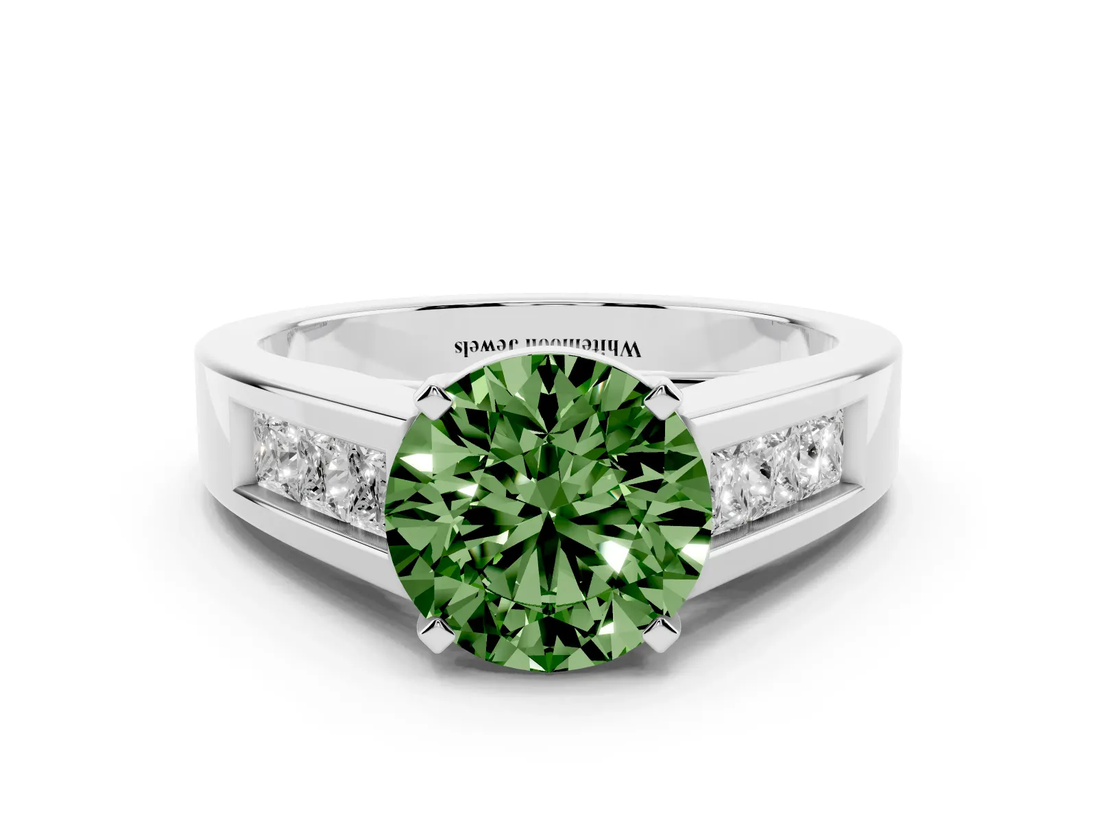 Fancy Green Round Cut Cut Channel Set Solitaire Ring with Four-Prong Setting Platinum