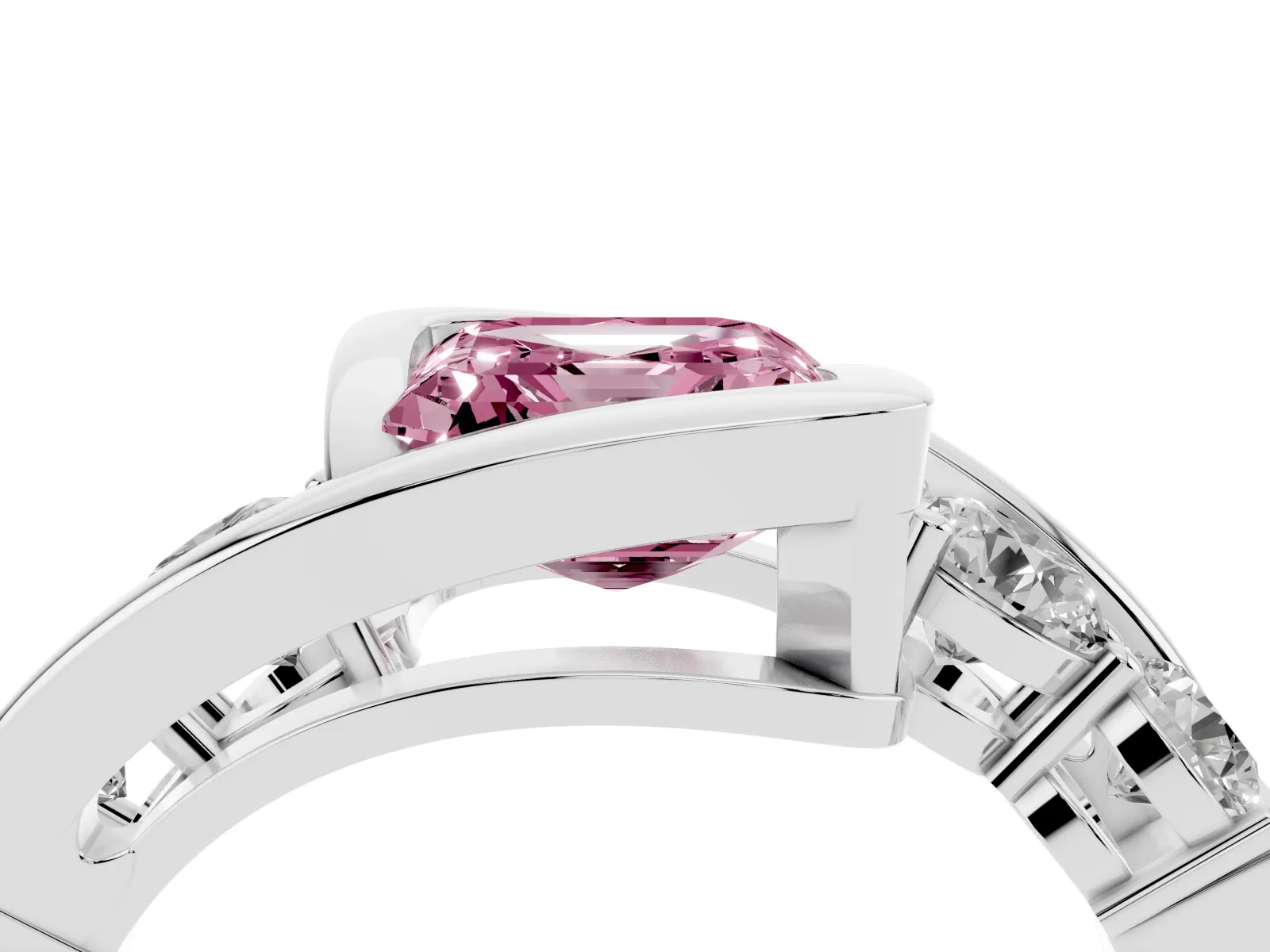 Fancy Pink Bezel Set Asscher Cut Diamond Bypass Ring with Round Accents Platinum