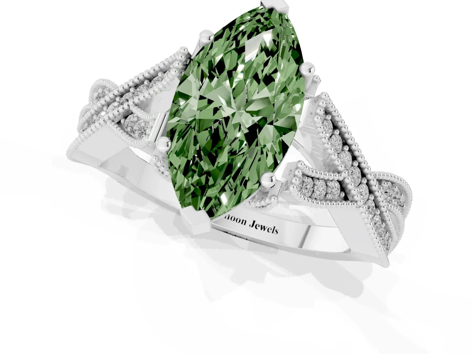 Fancy Green Marquise Cut Cut Diamond Twisted Band with Milgrain Pave Setting and Four-Prong Setting Platinum
