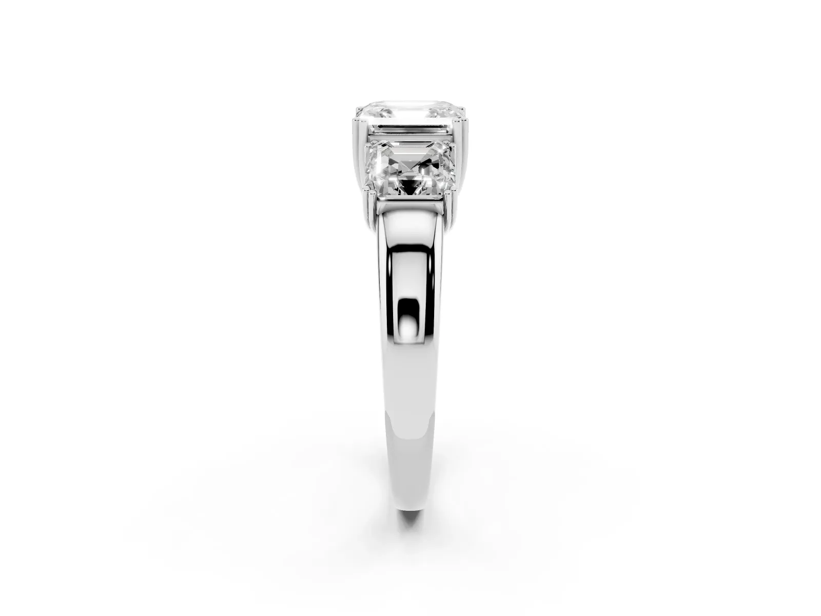 Three-Stone Asscher Cut Cut Diamond Ring with Channel Set Band and Four-Prong Setting White gold