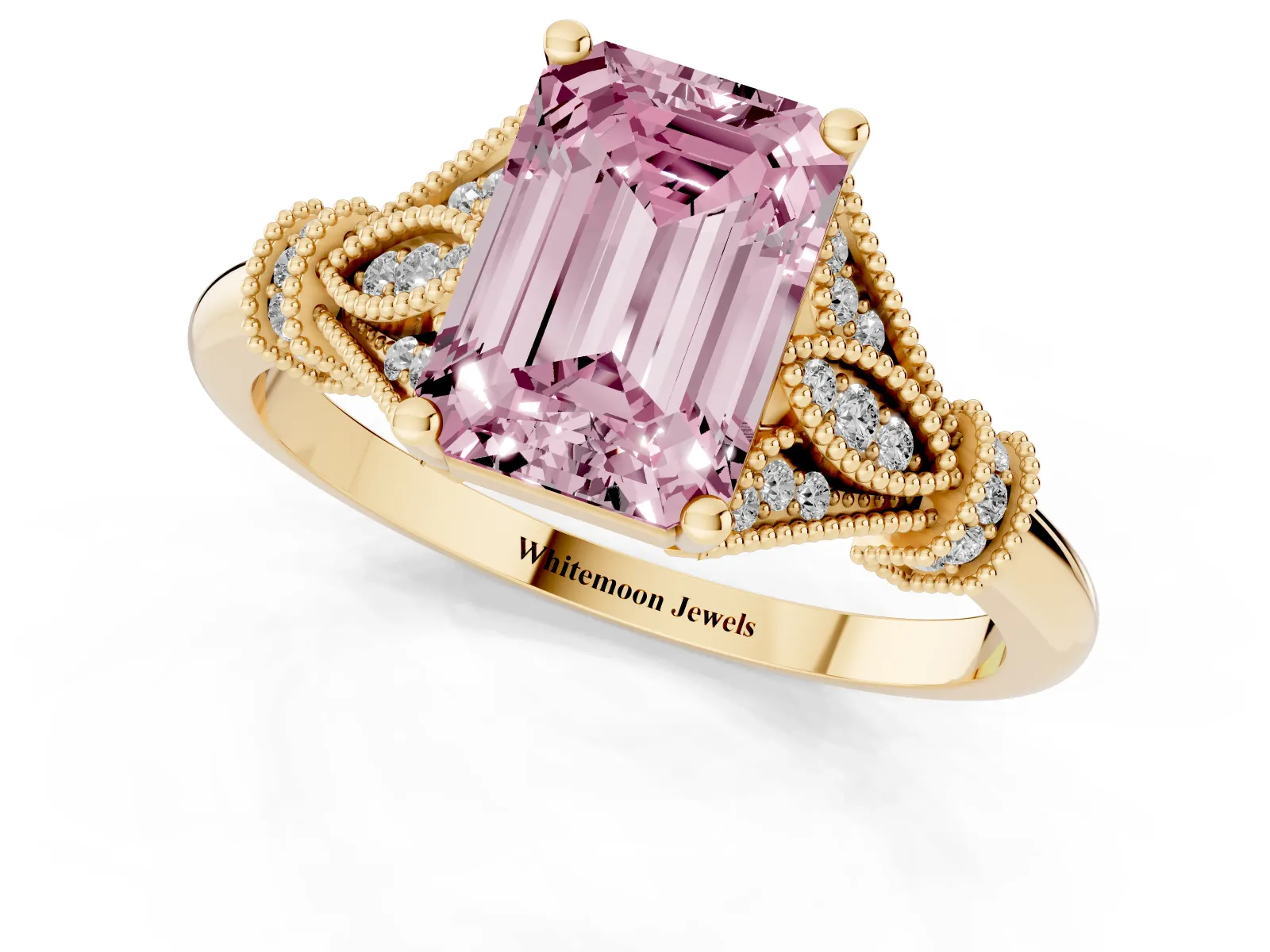 Fancy Pink Emerald Cut Diamond Solitaire Ring with Floral Filigree and Pave Accents Yellow gold