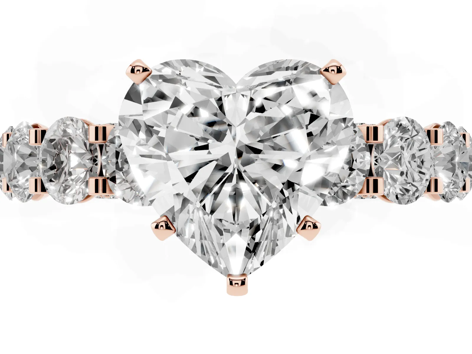Heart Cut Diamond Side Stone Engagement Ring with Four-Prong Setting Rose gold