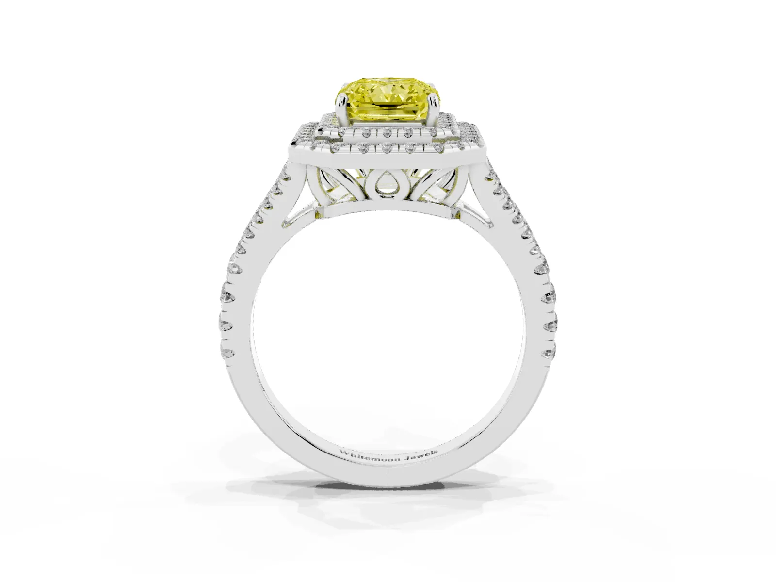 Fancy Yellow Radiant Cut Diamond Double Halo Ring with Pavé Band and Prong Setting Platinum