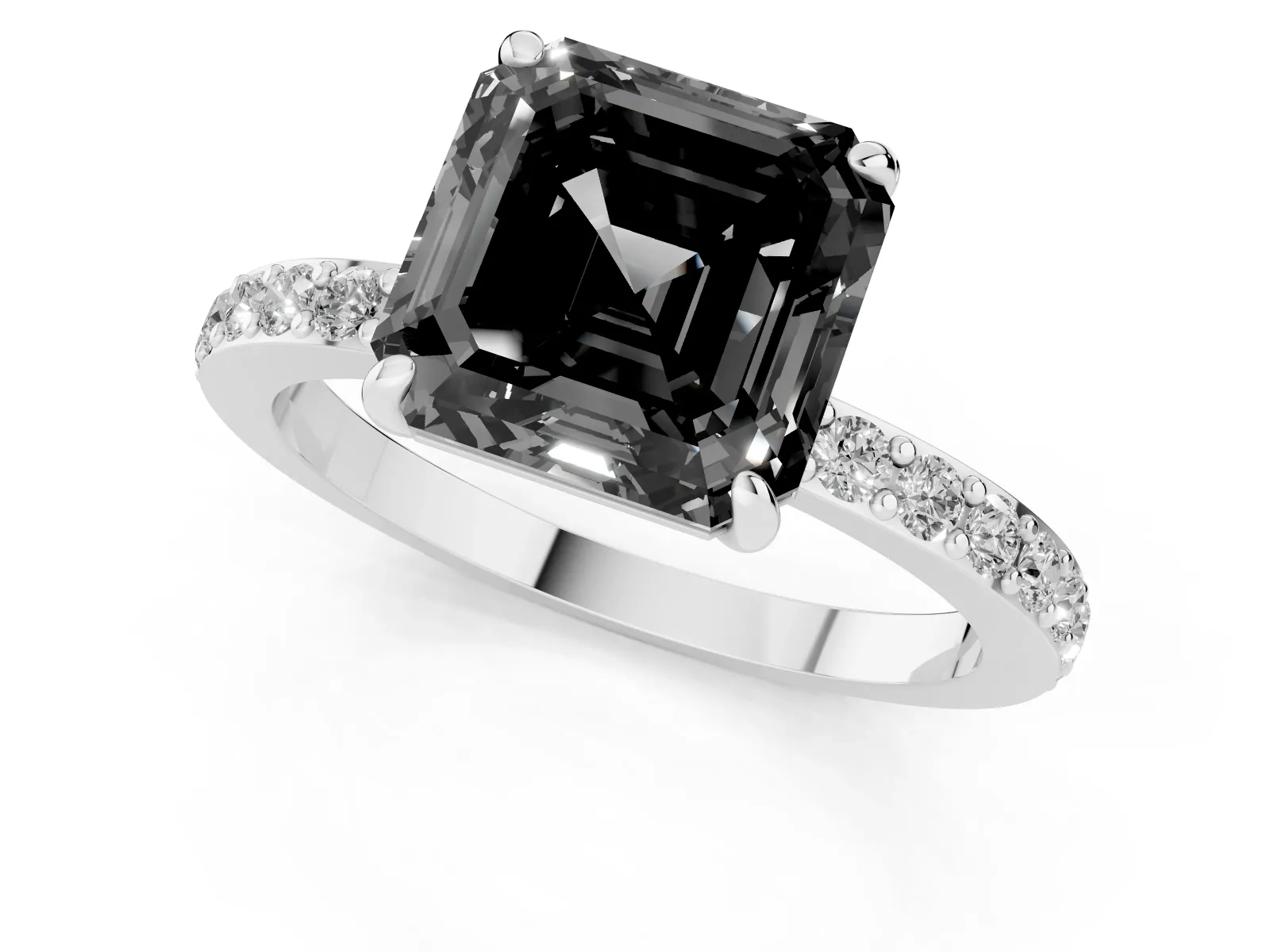 Fancy Black Asscher Cut Diamond Solitaire Engagement Ring with Pavé Band and Four-Prong Setting White gold
