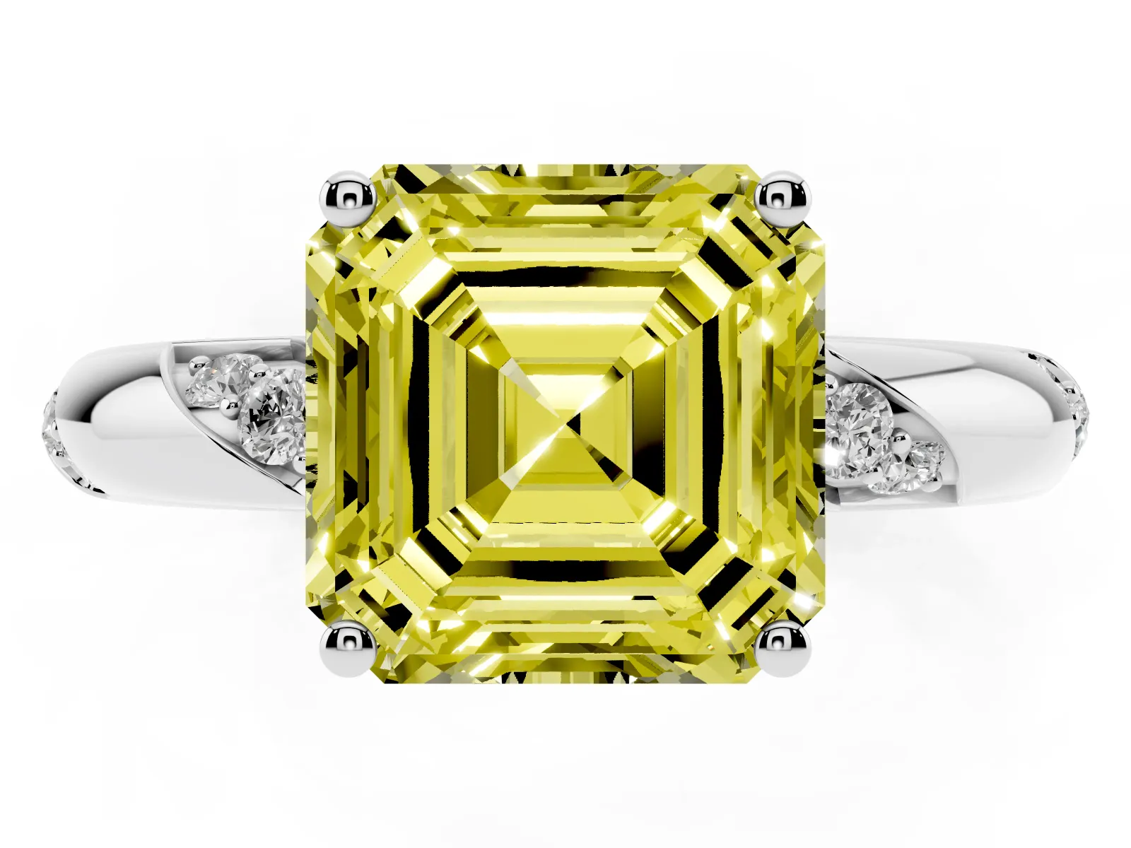 Fancy Yellow Asscher Cut Diamond Solitaire Engagement Ring with Twisted Round Accent Band and Prong Setting Platinum