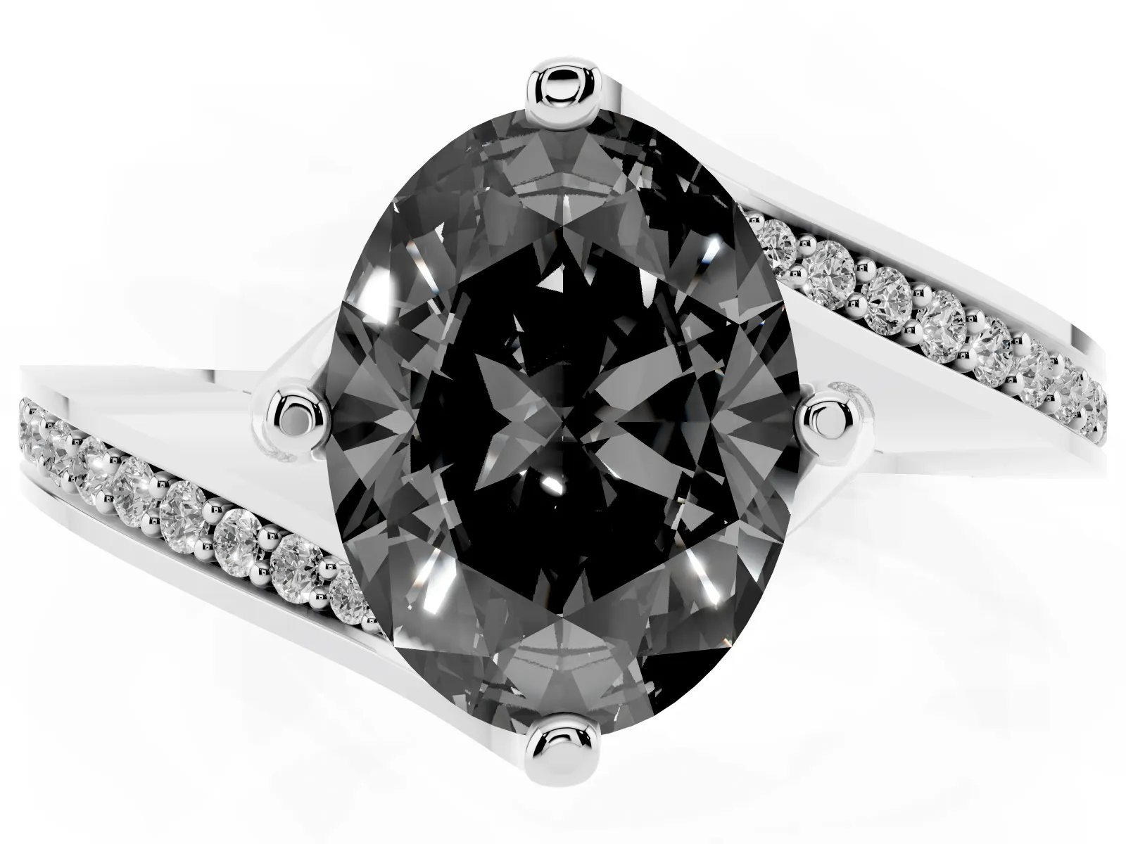 Fancy Black Oval Cut Solitaire Diamond Twist Band with Pavé Setting and Four-Prong Setting Platinum