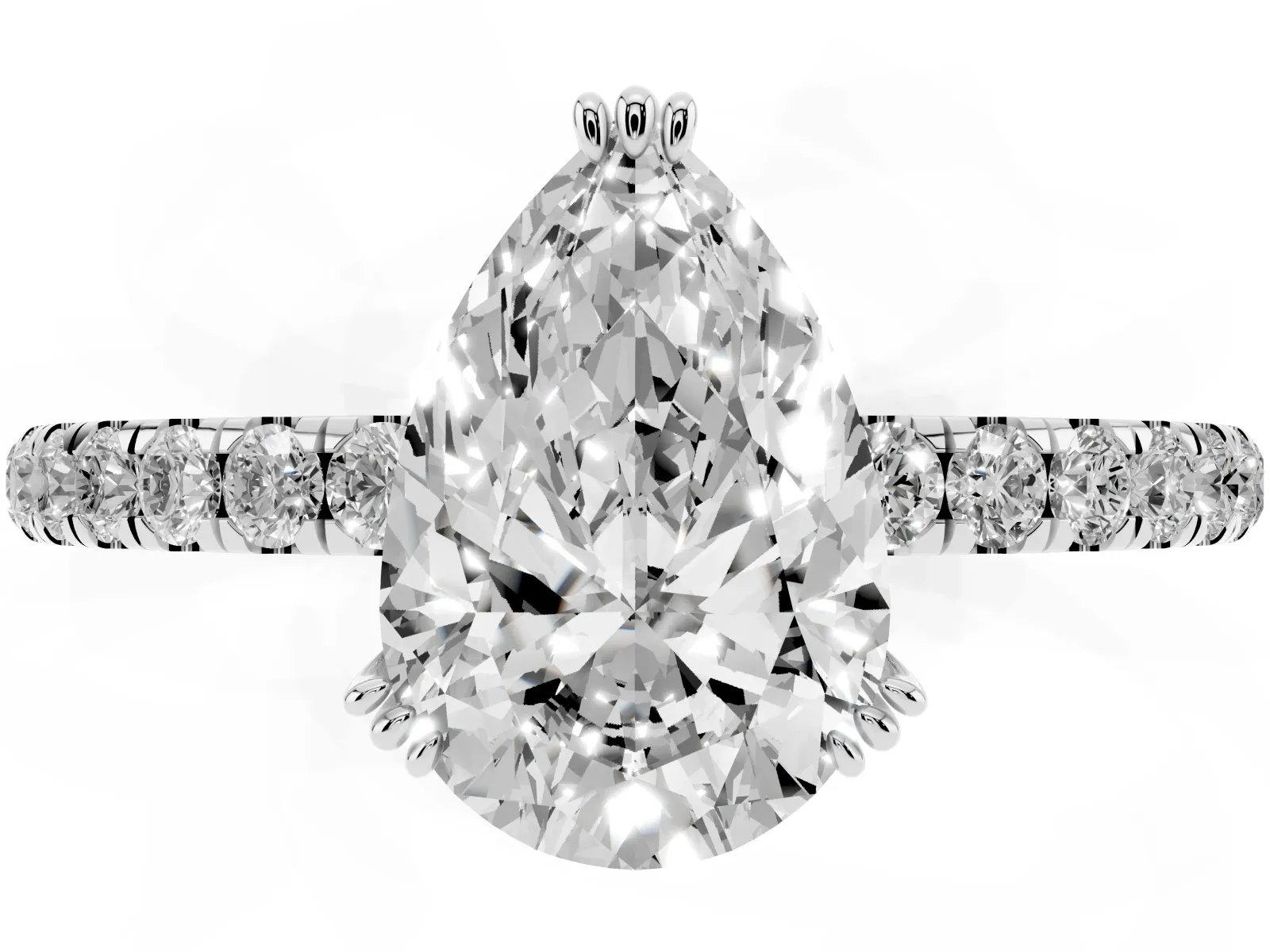 Pear Cut Brilliant Solitaire with Pavé Band and Claw Prong Setting Silver