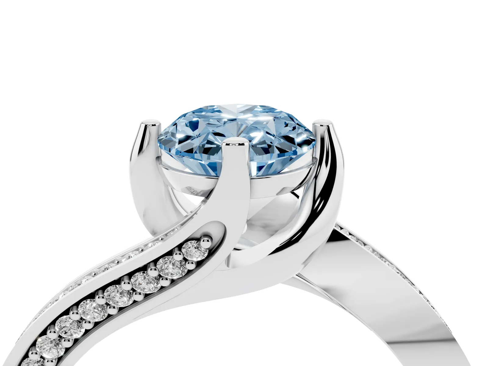 Fancy Blue Oval Cut Solitaire Diamond Twist Band with Pavé Setting and Four-Prong Setting Platinum