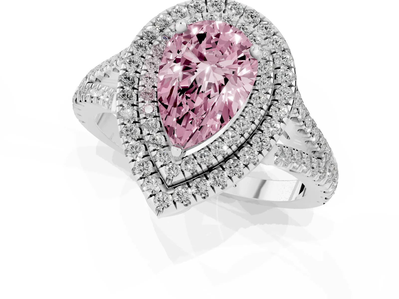 Fancy Pink Pear Cut Diamond Double Halo Ring with Pavé Band and Prong Setting Platinum