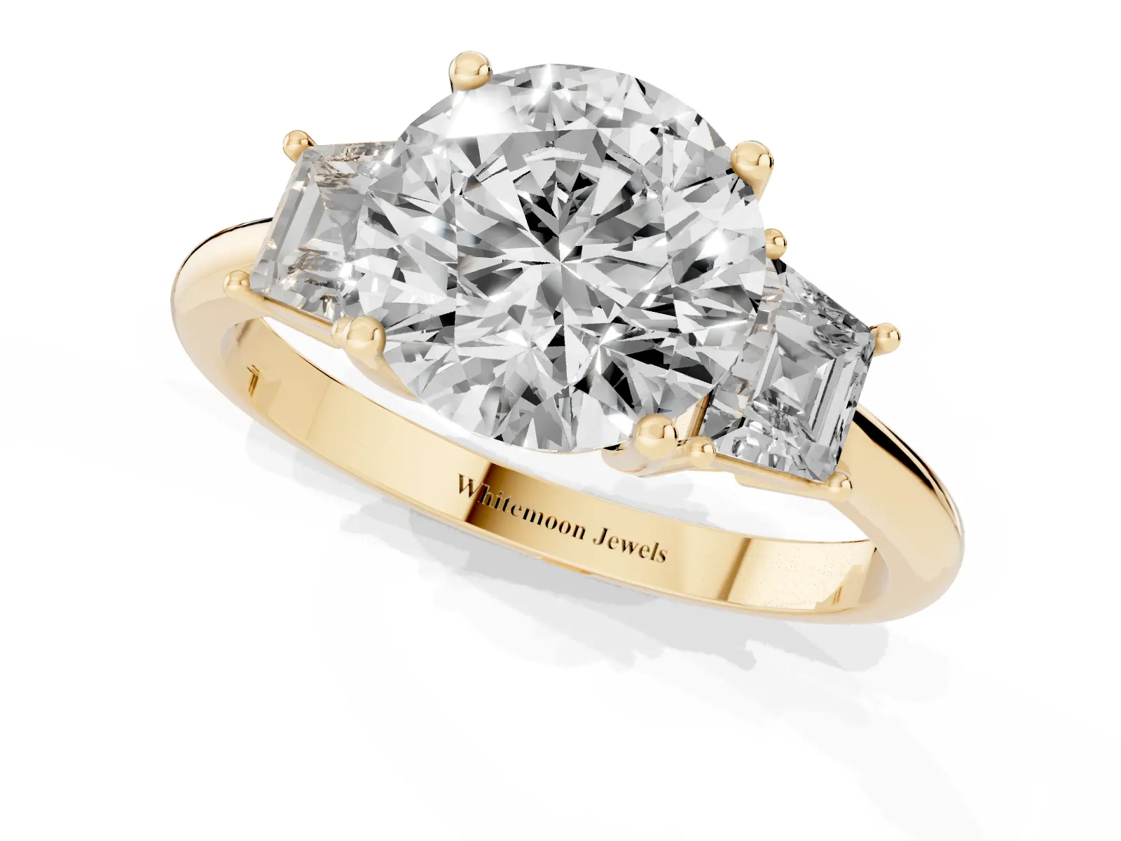 Round Cut Diamond Three-Stone Ring with Trapezoid Side Stones and Prong Setting Yellow gold
