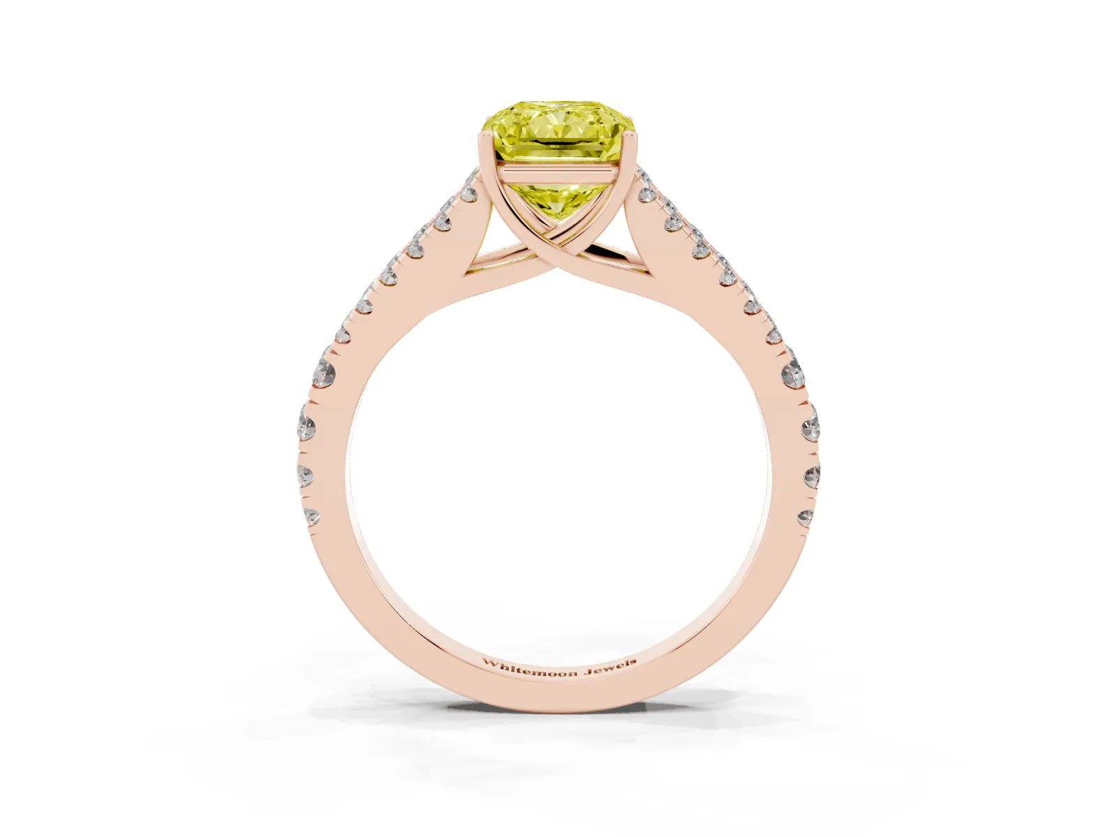 Fancy Yellow Radiant Cut Diamond Split Shank Engagement Ring with Round Pavé and Prong Setting Rose gold