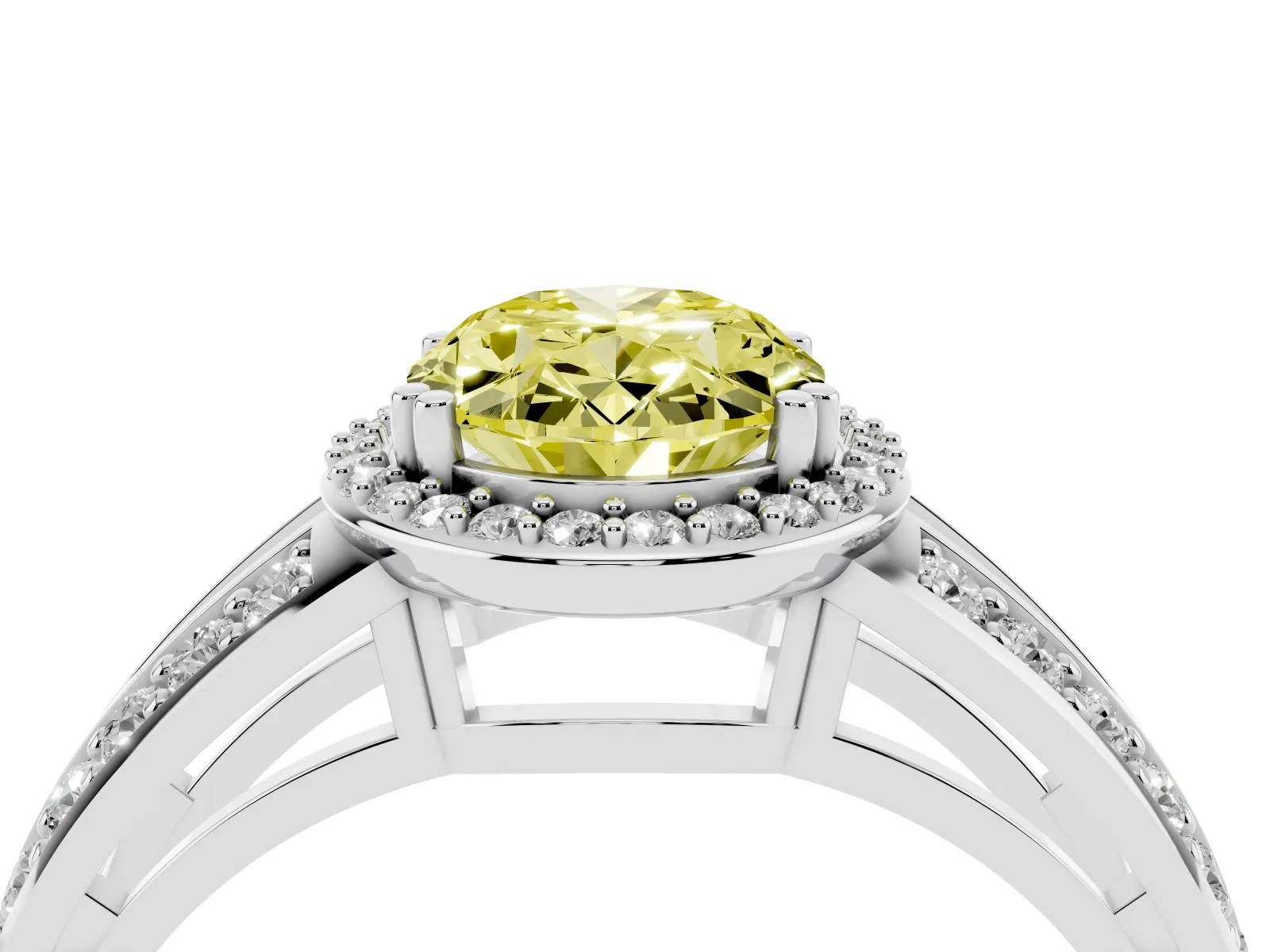 Fancy Yellow Oval Cut Diamond Halo Ring with Split Shank Pavé Band and Four-Prong Setting White gold