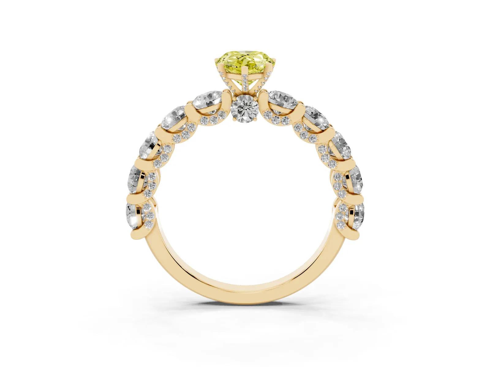 Fancy Yellow Pear Cut Diamond Side Stone Engagement Ring with Four-Prong Setting Yellow gold