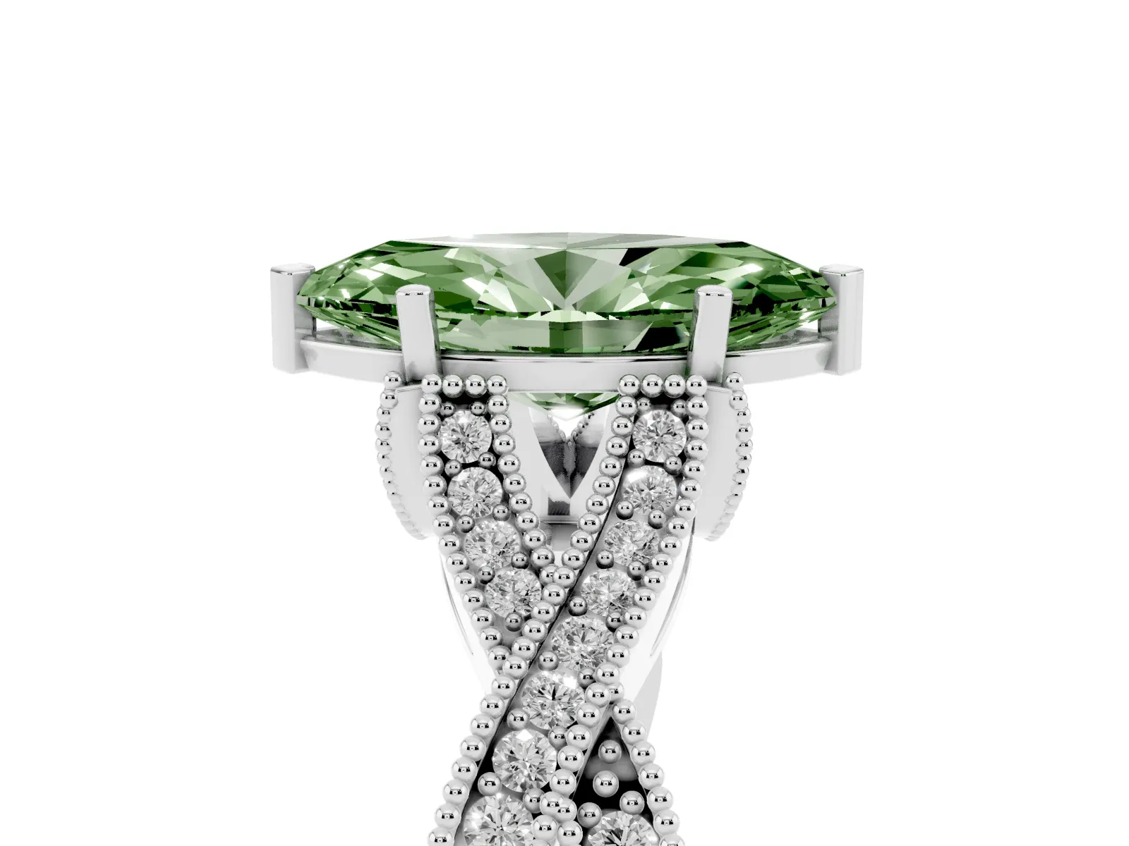 Fancy Green Marquise Cut Cut Diamond Twisted Band with Milgrain Pave Setting and Four-Prong Setting Platinum