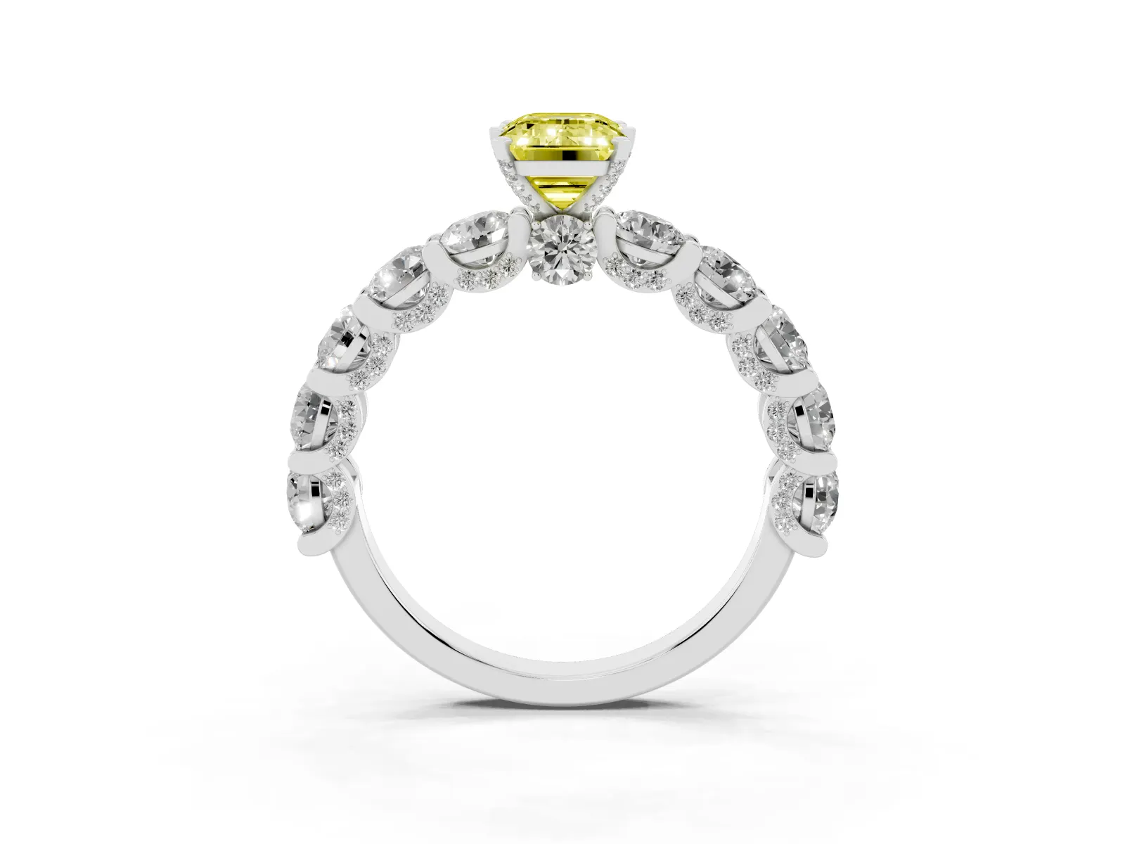 Fancy Yellow Emerald Cut Diamond Side Stone Engagement Ring with Four-Prong Setting Platinum