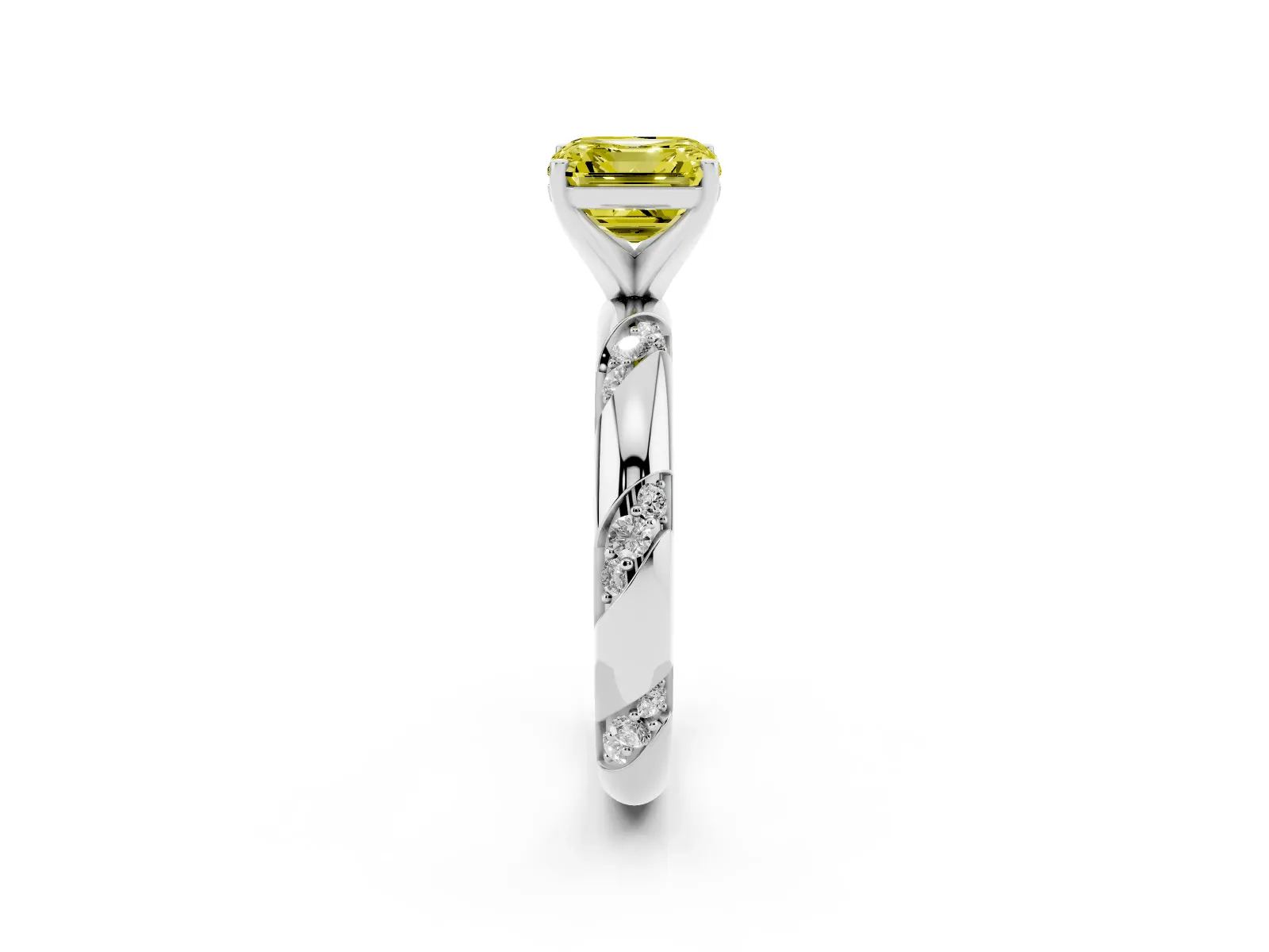 Fancy Yellow Asscher Cut Diamond Solitaire Engagement Ring with Twisted Round Accent Band and Prong Setting Platinum