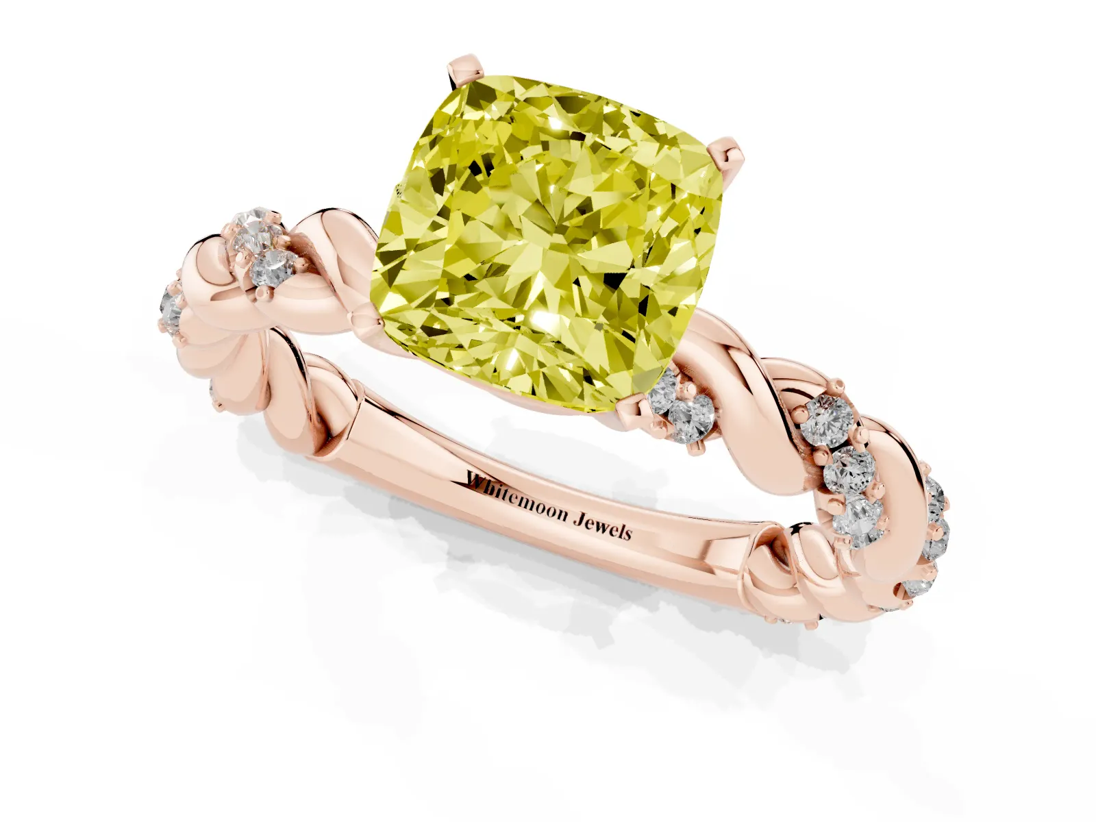 Fancy Yellow Cushion Cut Diamond Solitaire Ring with Twisted Band and Pavé Accents Rose gold