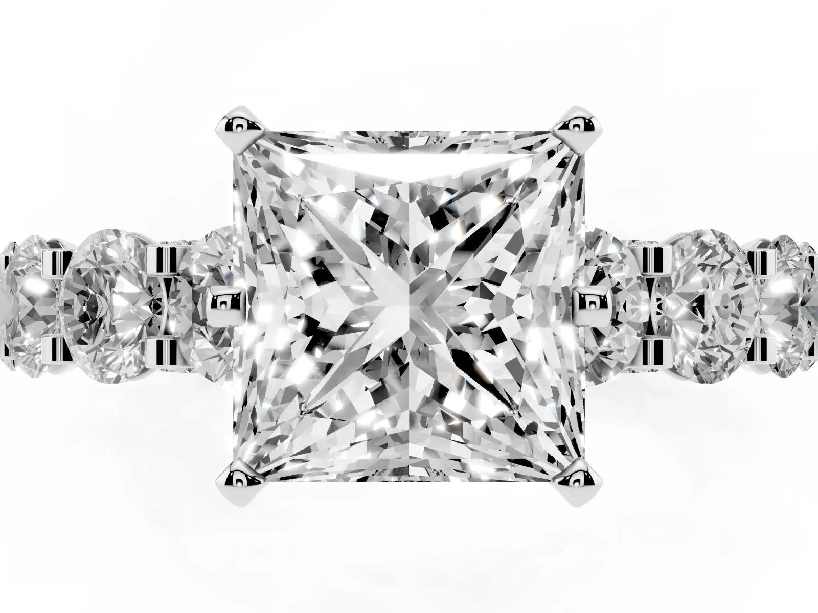 Princess Cut Diamond Side Stone Engagement Ring with Four-Prong Setting Platinum