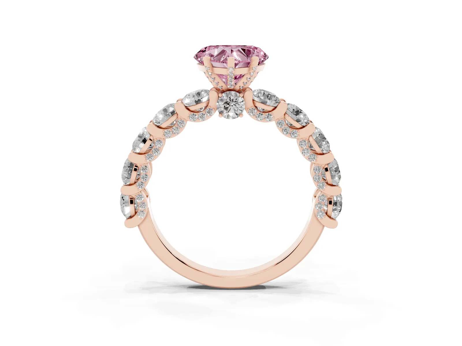 Fancy Pink Heart Cut Diamond Side Stone Engagement Ring with Four-Prong Setting Rose gold