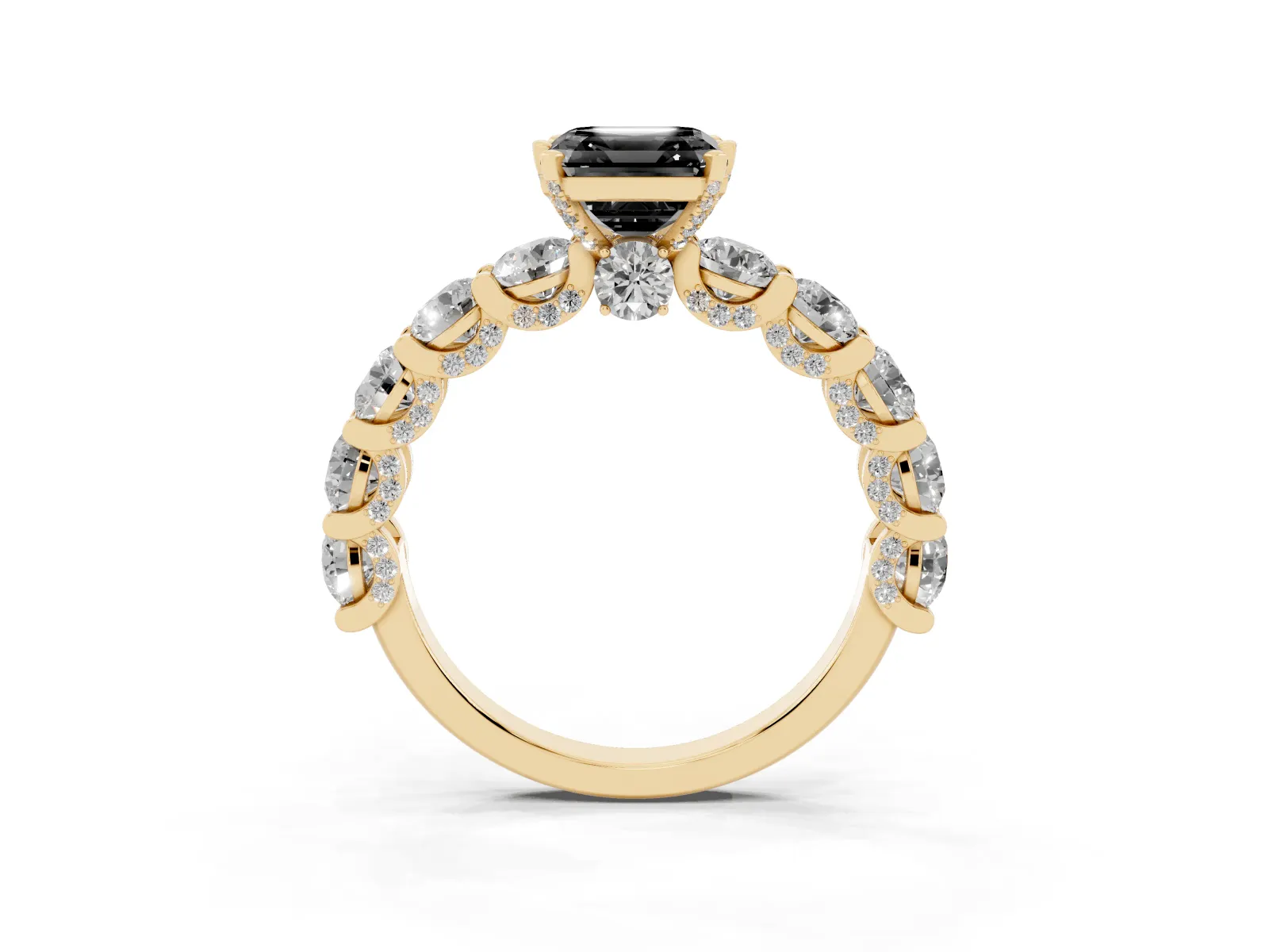 Fancy Black Asscher Cut Diamond Side Stone Engagement Ring with Four-Prong Setting Yellow gold
