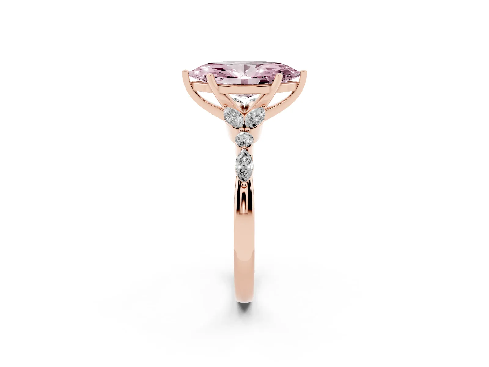 Fancy Pink Marquise Cut Diamond Solitaire Ring with Side Stones and Four-Prong Setting Rose gold