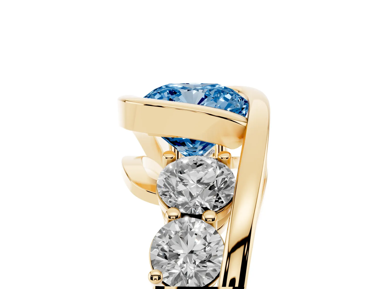 Fancy Blue Bezel Set Cushion Cut Diamond Bypass Ring with Round Accents Yellow gold