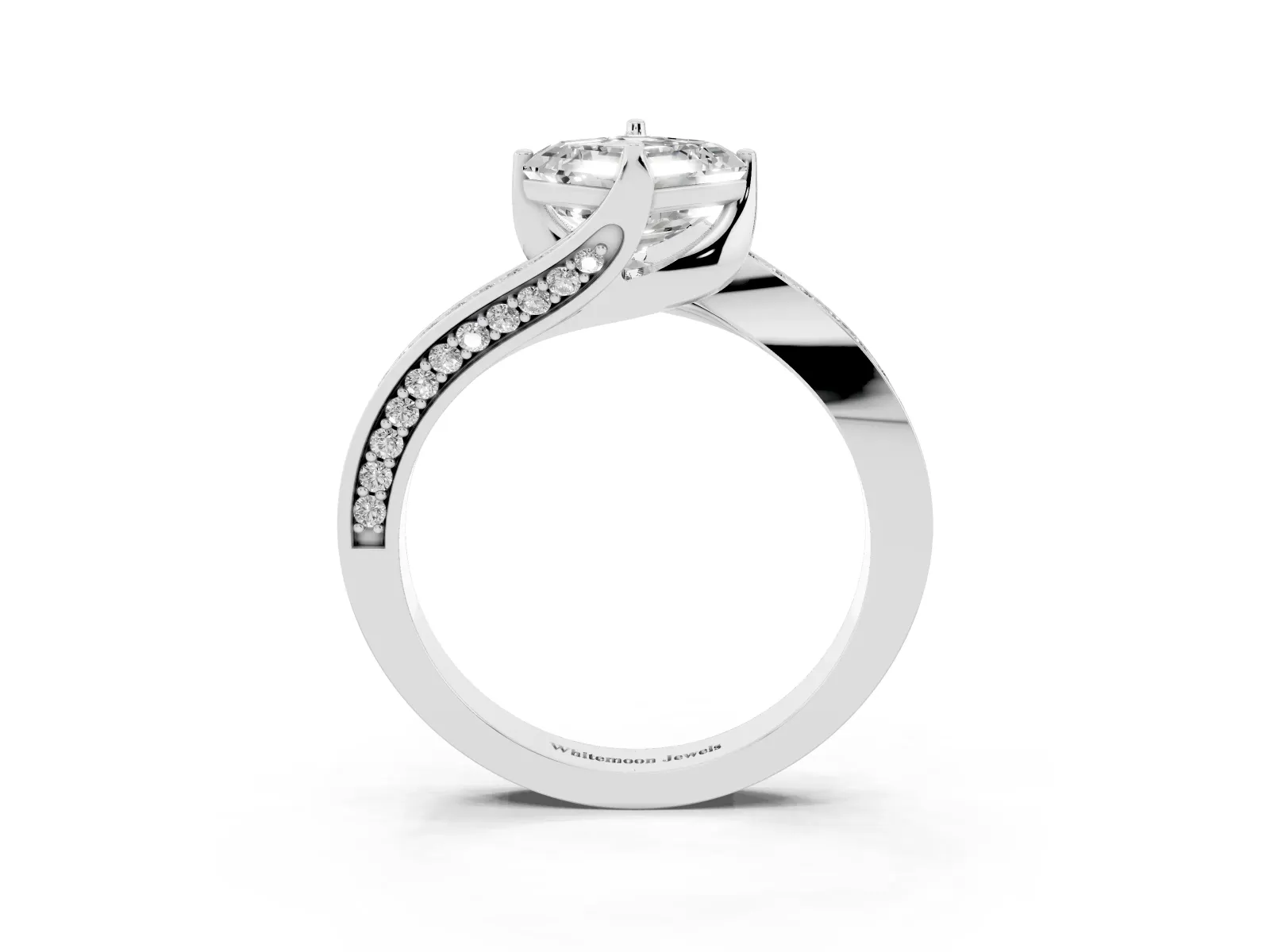 Asscher Cut Solitaire Diamond Twist Band with Pavé Setting and Four-Prong Setting Platinum