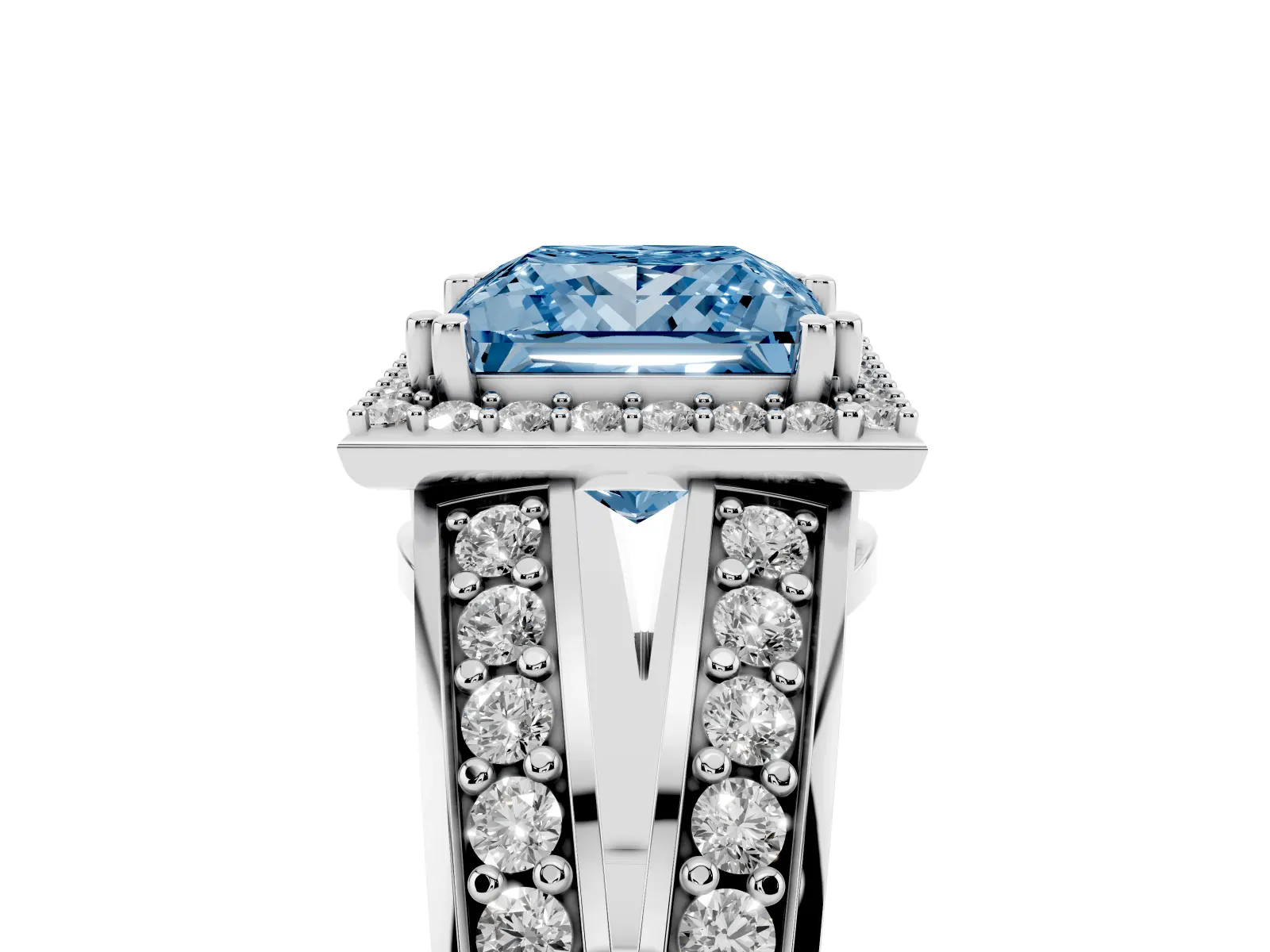 Fancy Blue Princess Cut Diamond Halo Ring with Split Shank Pavé Band and Four-Prong Setting Platinum