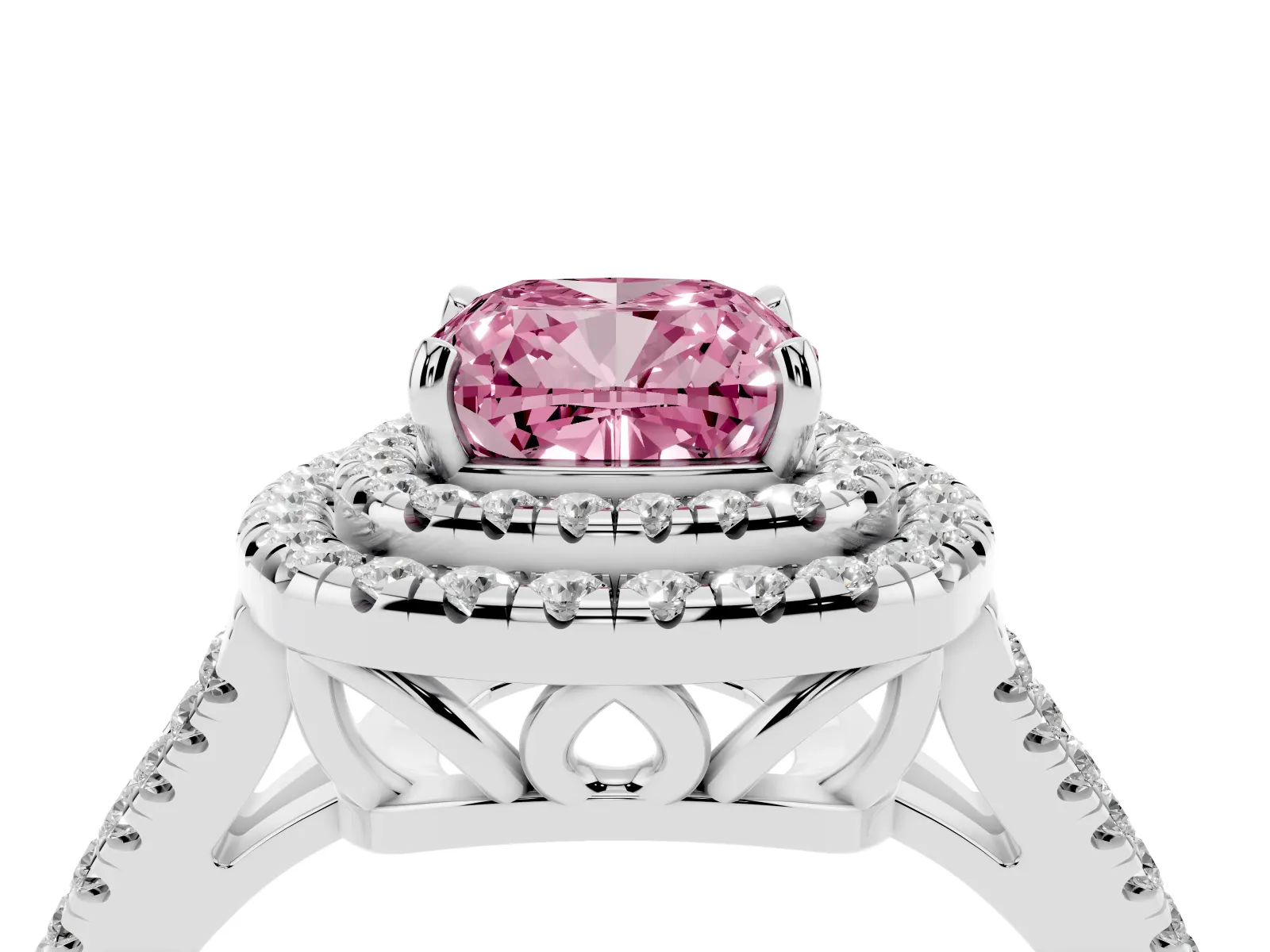 Fancy Pink Cushion Cut Diamond Double Halo Ring with Pavé Band and Prong Setting Platinum