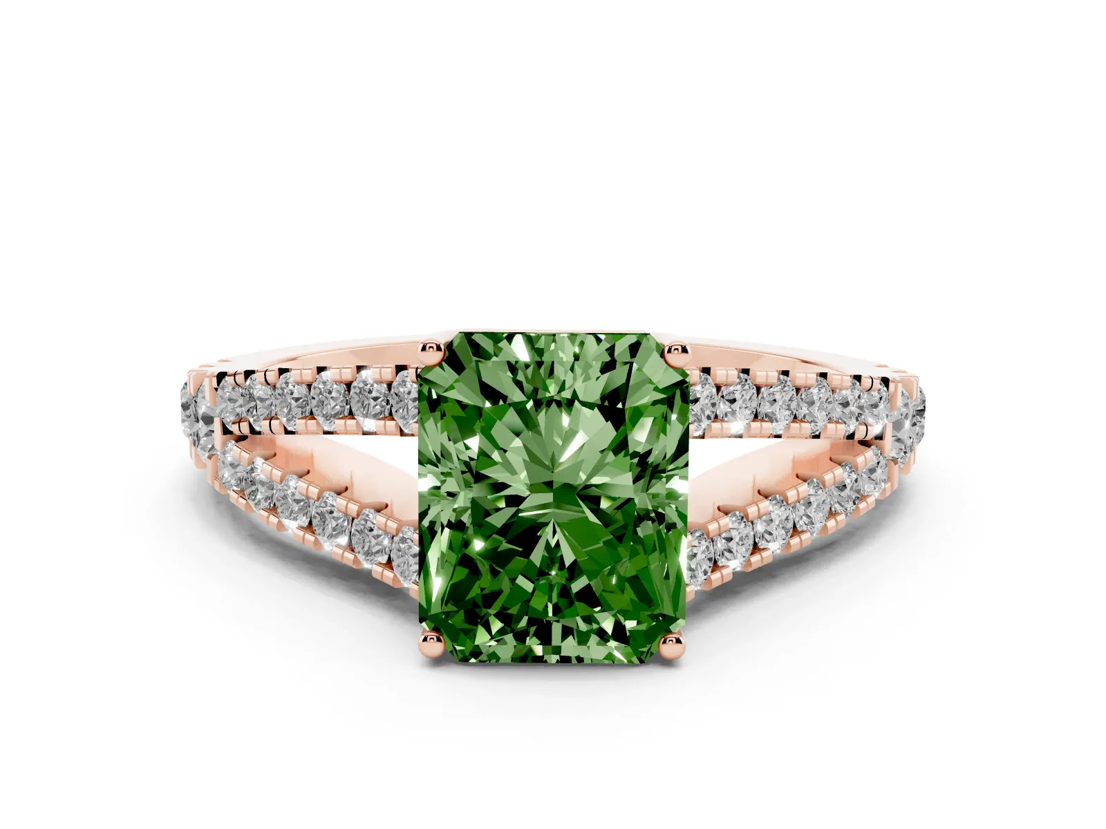 Fancy Green Radiant Cut Diamond Split Shank Engagement Ring with Round Pavé and Prong Setting Rose gold