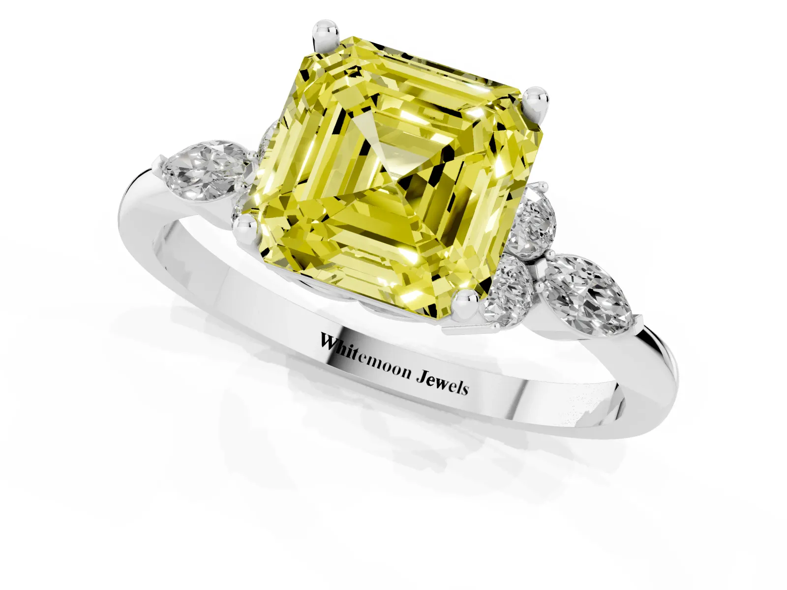 Fancy Yellow Asscher Cut Brilliant Diamond Solitaire Ring with Pear Side Stones and Four-Prong Setting Platinum