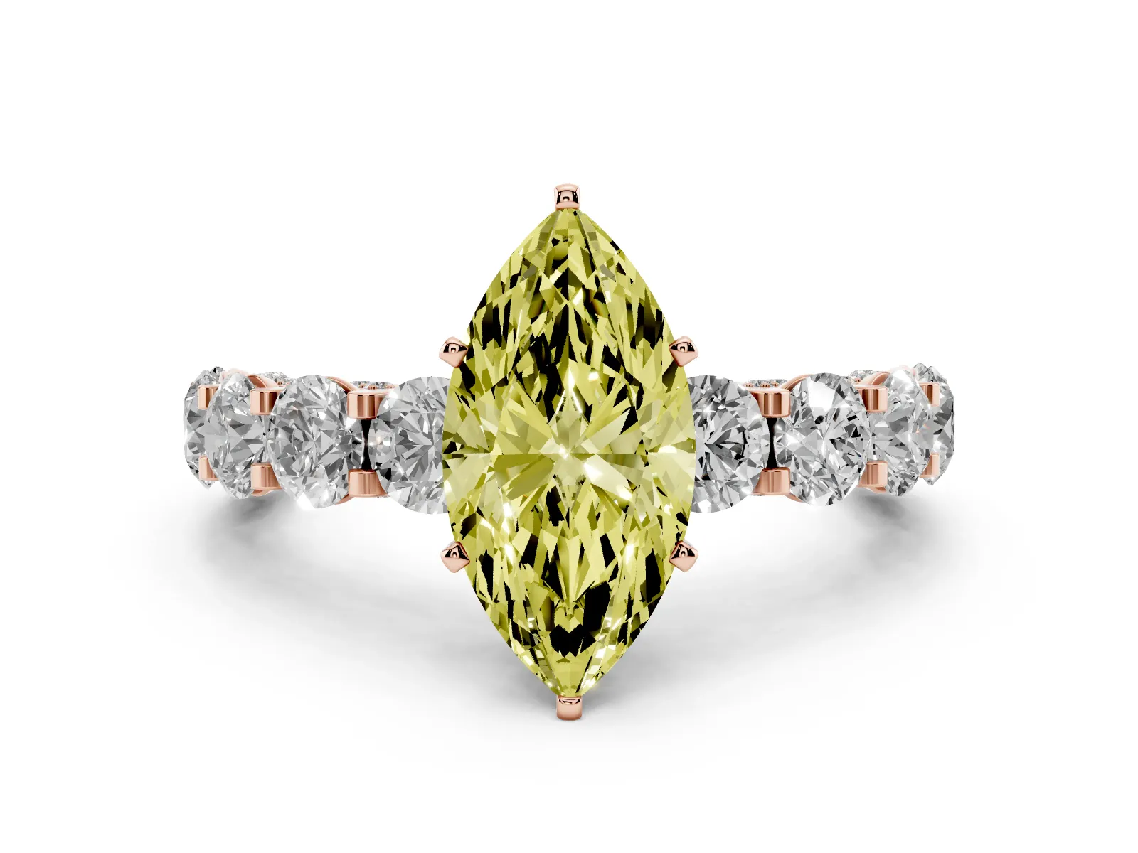 Fancy Yellow Marquise Cut Diamond Side Stone Engagement Ring with Four-Prong Setting Rose gold