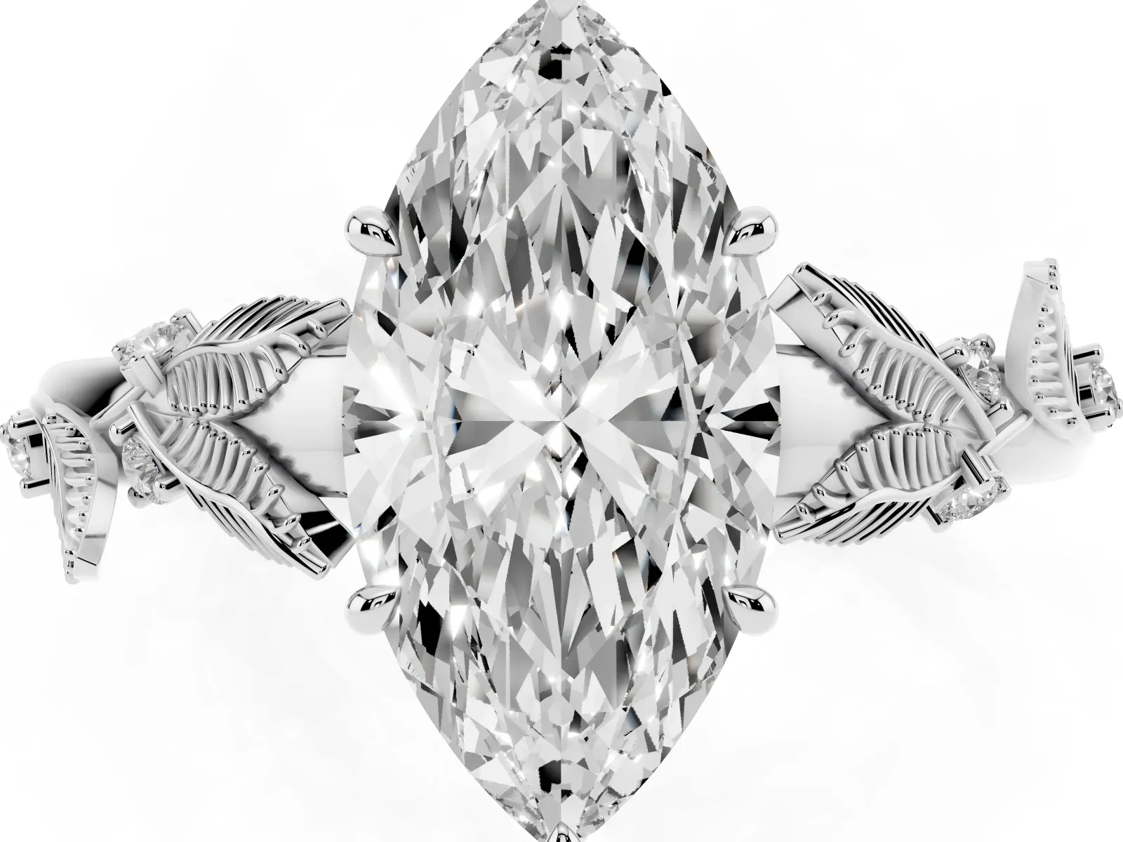 Marquise Cut Diamond Solitaire Ring with Leaf Motif Band and Four-Prong Setting Platinum