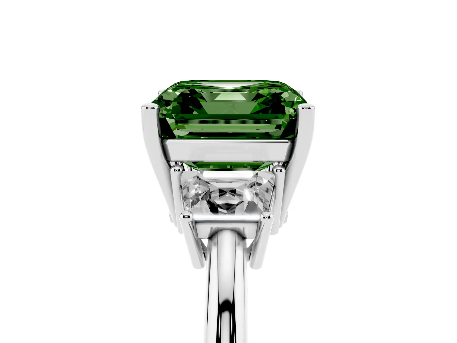 Fancy Green Asscher Cut Diamond Three-Stone Ring with Trapezoid Side Stones and Prong Setting White gold