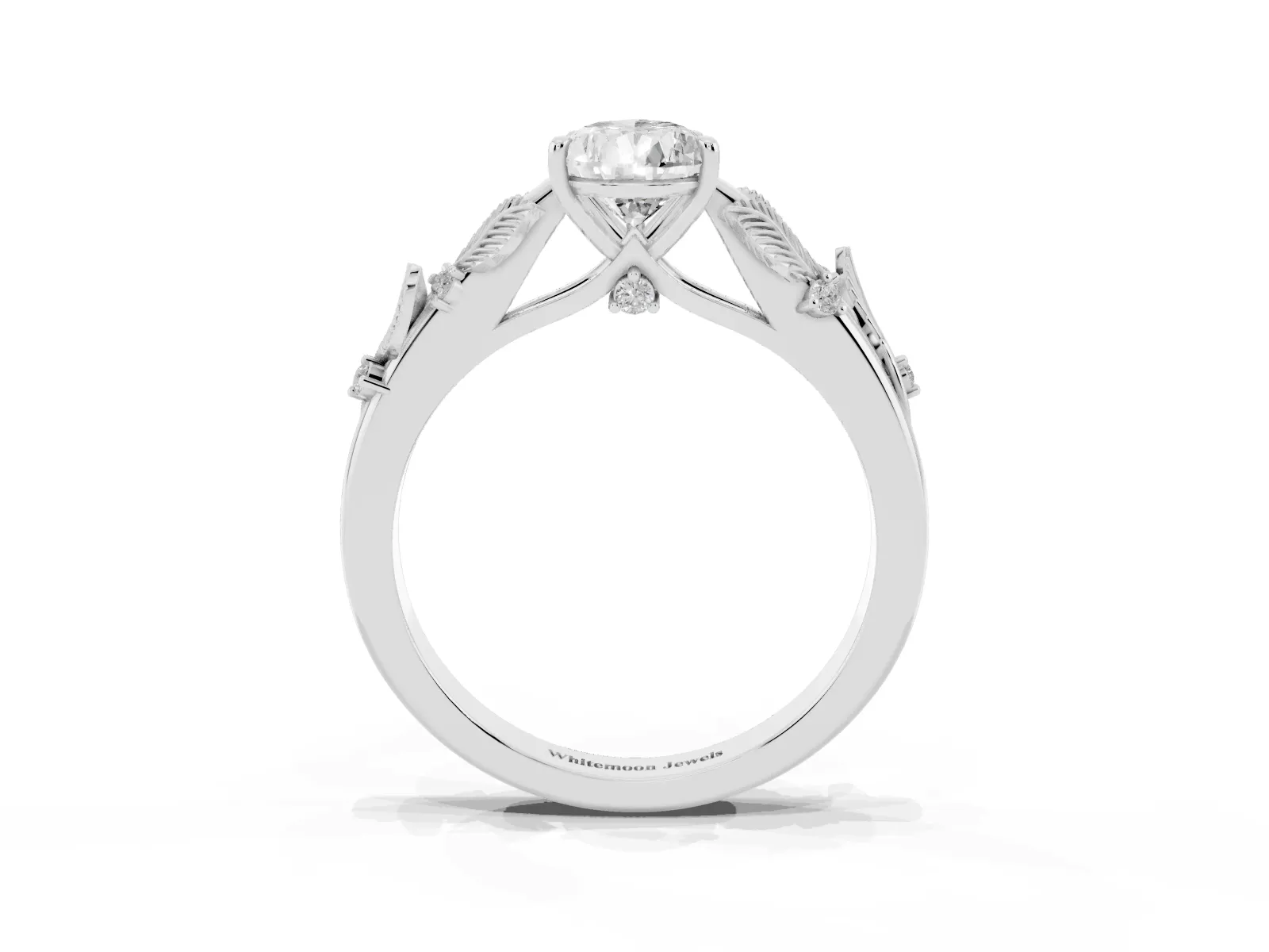Pear Cut Diamond Solitaire Ring with Leaf Motif Band and Four-Prong Setting Platinum