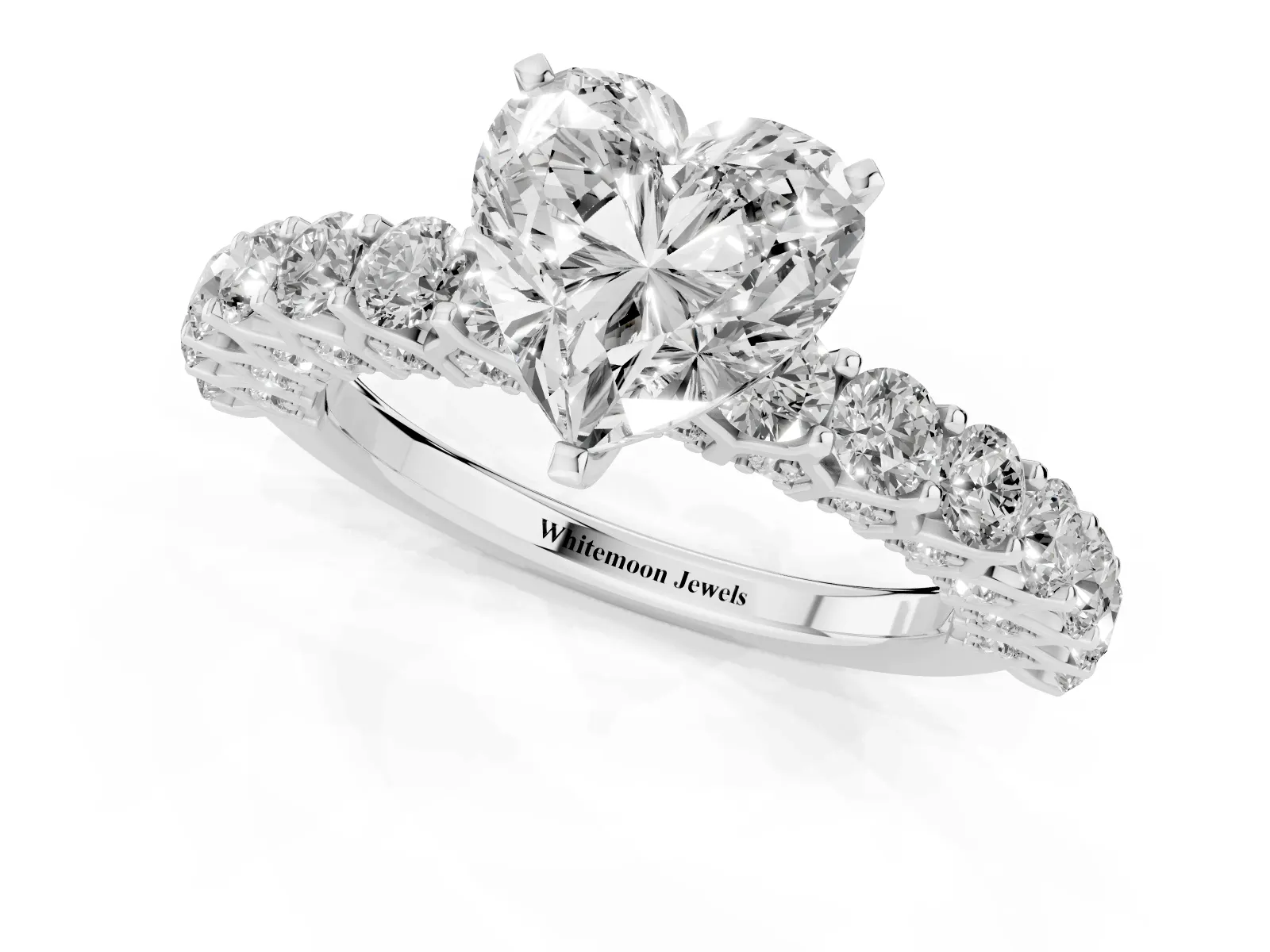 Heart Cut Diamond Solitaire Ring with Shared Prong Pavé Band and Four-Prong Setting White gold